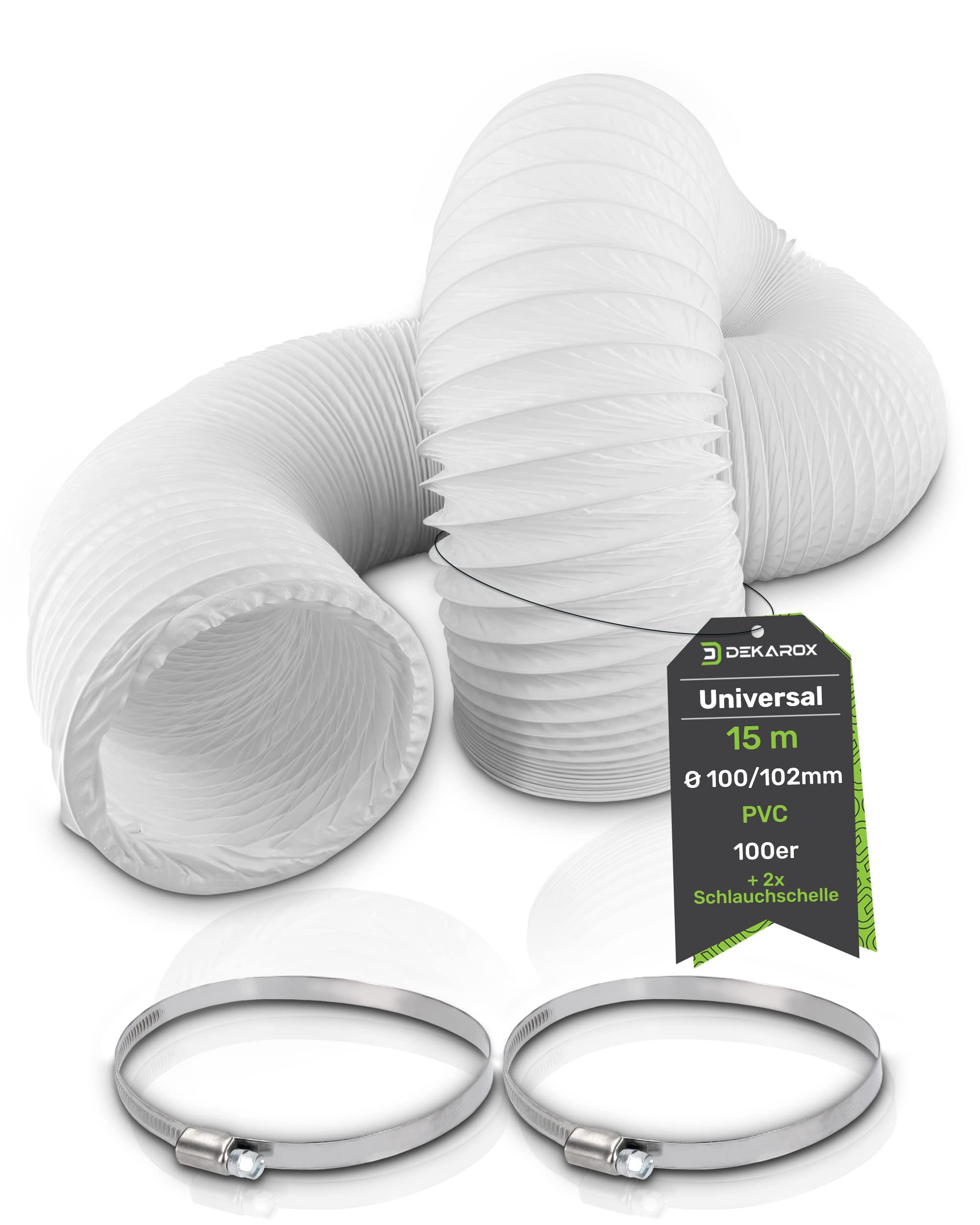 Tubo di scarico in PVC, 15 m, diametro 100/102 mm, flessibile, con fascette per 100 condizionatori d'aria, asciugatrici, cappa aspirante
