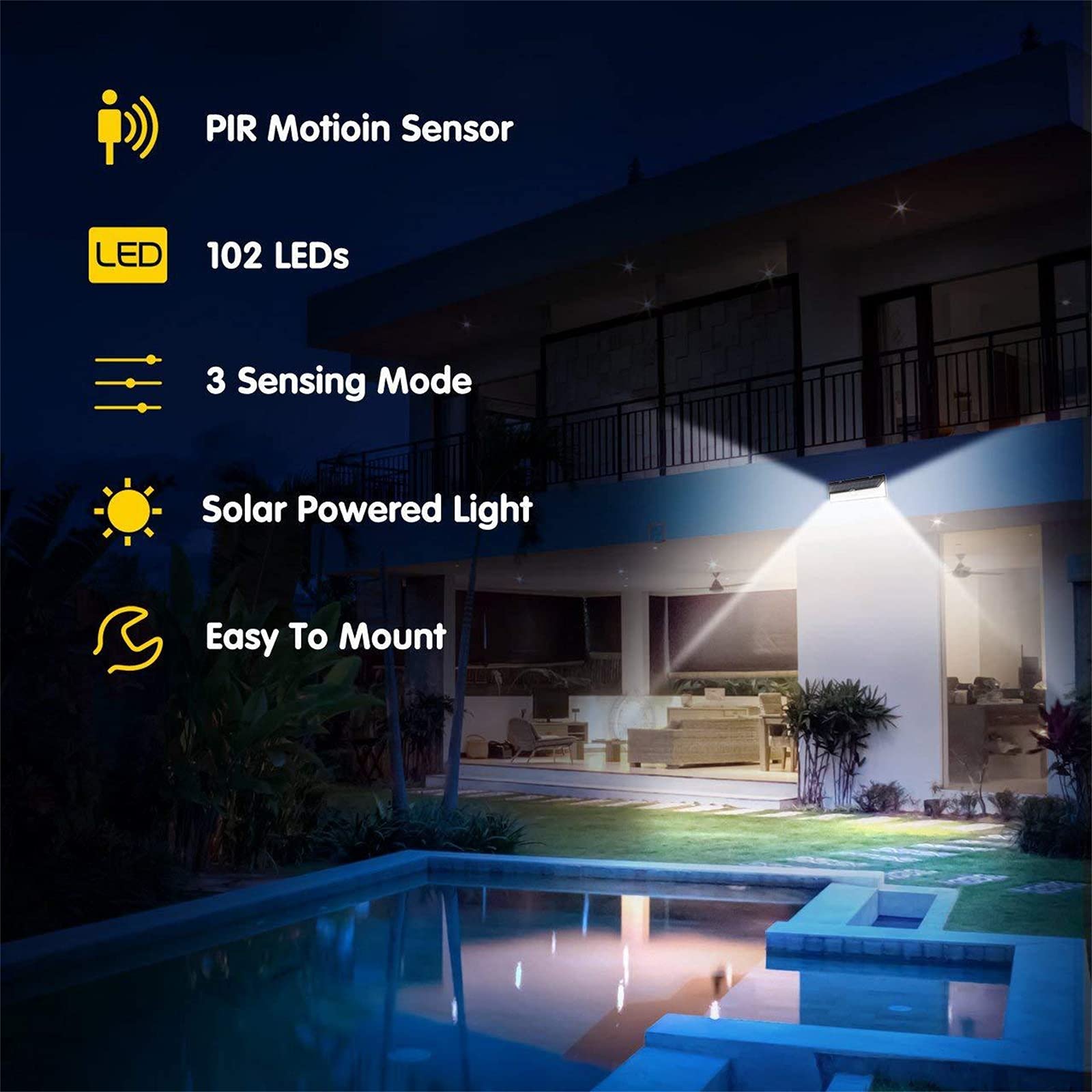Lampy solarne LED, czujnik ruchu, super jasne, IP65, wodoszczelne, bezprzewodowe, do stosowania na ścianie, 3 tryby oświetlenia, solarne lampy bezpieczeństwa, pilot zdalnego sterowania, 90 diod LED