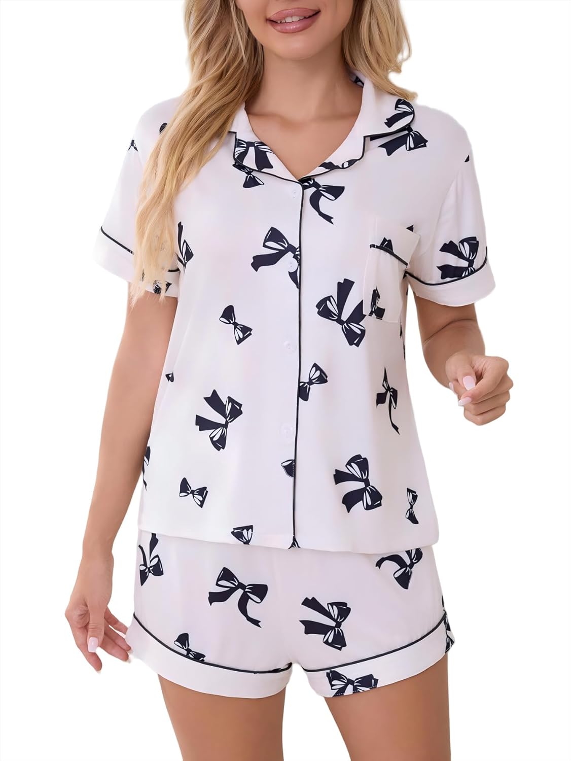 Cute Pj Bow Pajamas Sets for Women 2 Piece Button Up Romantic Valentine's Day Matching Sleepwear