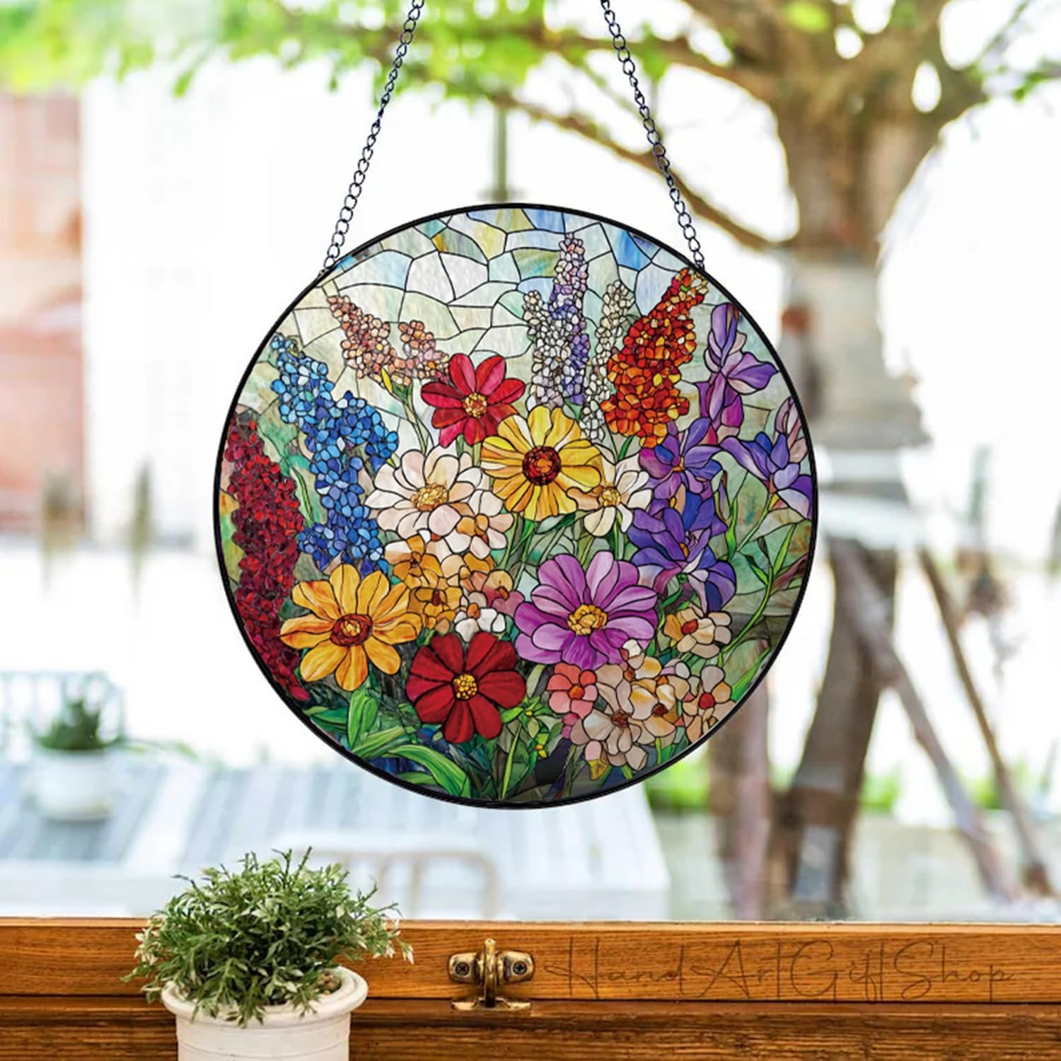 Colorful Wildflowers Suncatcher -7.9 in Stained Glass Window Hanging Sun Catcher Garden Decor - Image 3