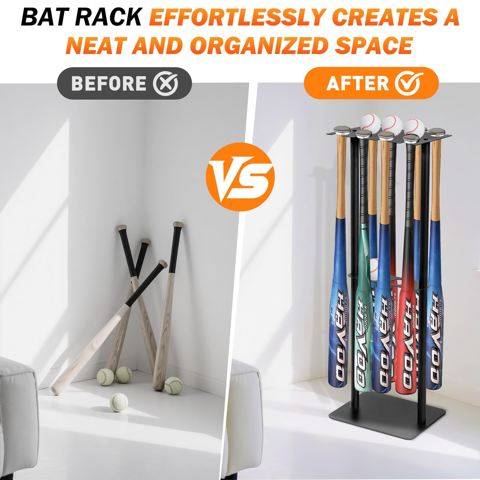Support de batte de baseball, peut contenir 8 battes et 5 balles, support autoportant pour battes de baseball, pour garage, maison et pirogue, support de rangement pour batte de baseball en