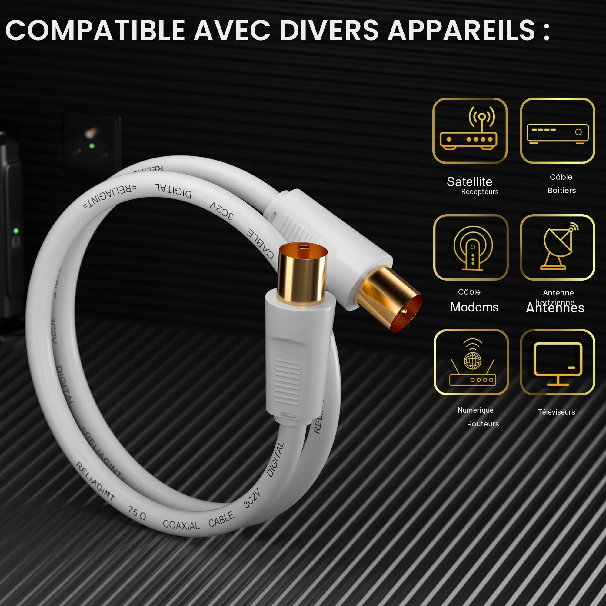 RL Flex Câble antenne TV coaxial 1m, rallonge mâle/femelle 75 Ohm, conducteur en cuivre pur, pour TNT, TV câble et satellite (DVB-T/T2/C/S/S2), Blanc