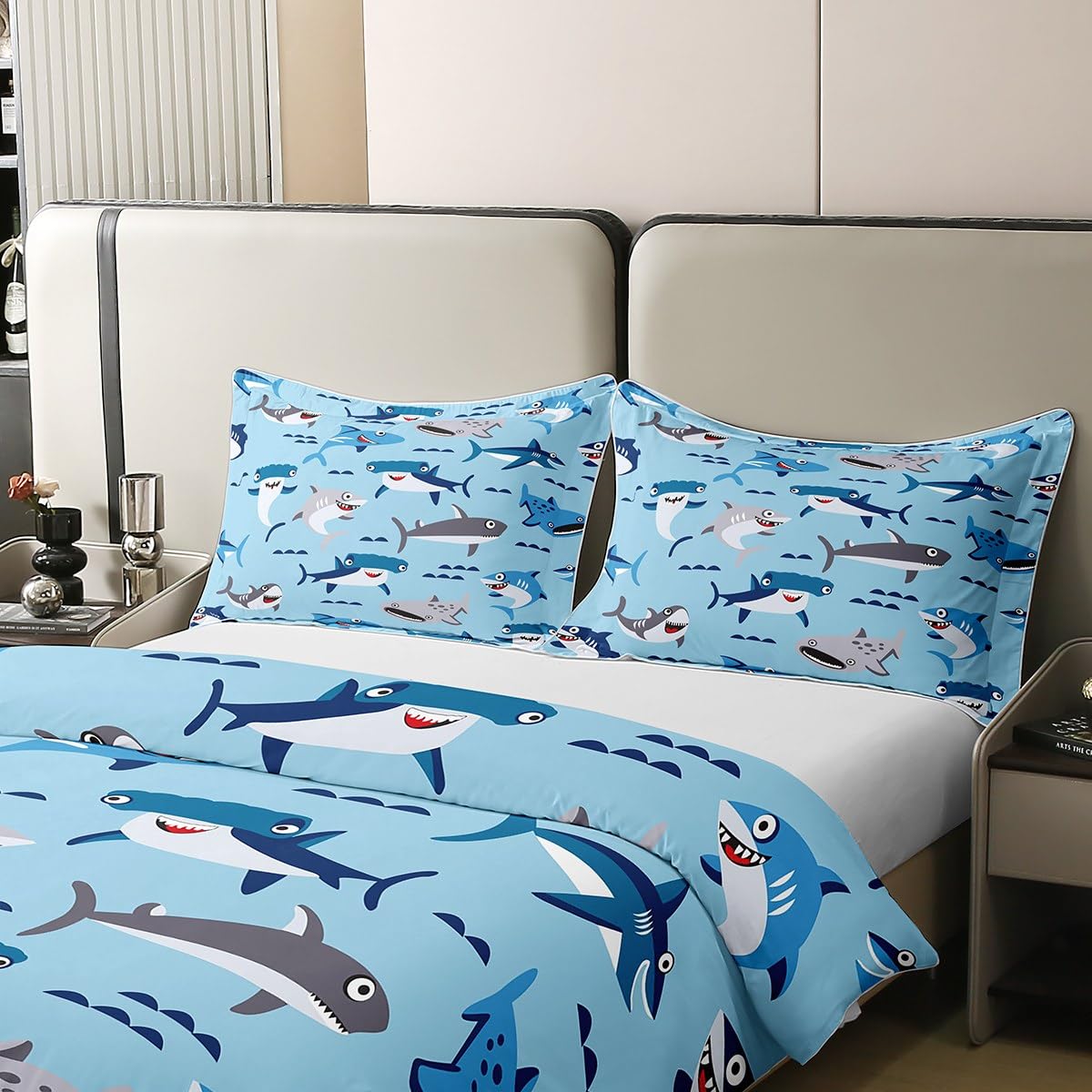 Enge Haai Dekbedovertrek - Oceaan Marine Beddengoedset Voor Kinderen, Jongens & Meisjes, Ultrazacht Blauw Zee Dieren Motief, 135x200 Cm