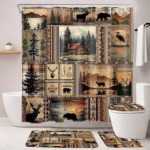 MASLEK 4 Pcs Rustic Cabin Patchwork Shower Curtain Set with