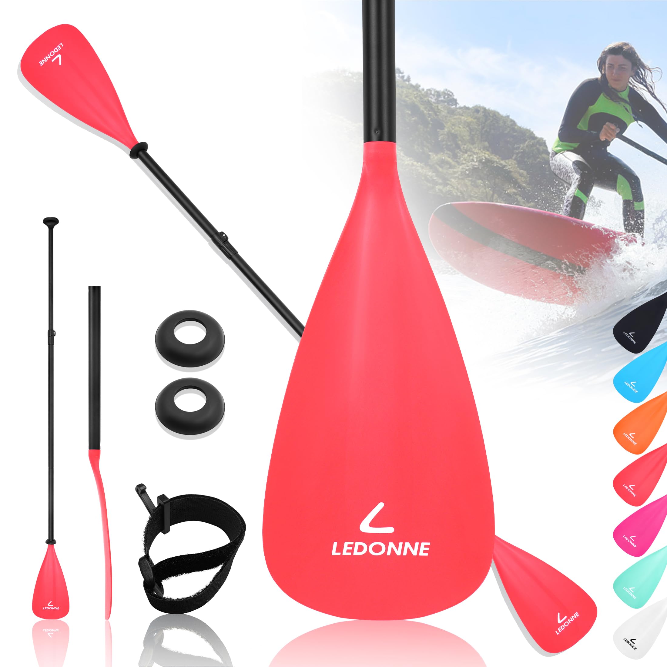 LEDONNE Verstellbares Kajak-Paddel, SUP-Paddel, 4-teilig, schwimmend, leicht, tragbar, Legierung, Paddleboard, Ruder mit 2 Nylonklingen mit Aufkleber & Haken und Tropfring zum Surfen, schwimmender