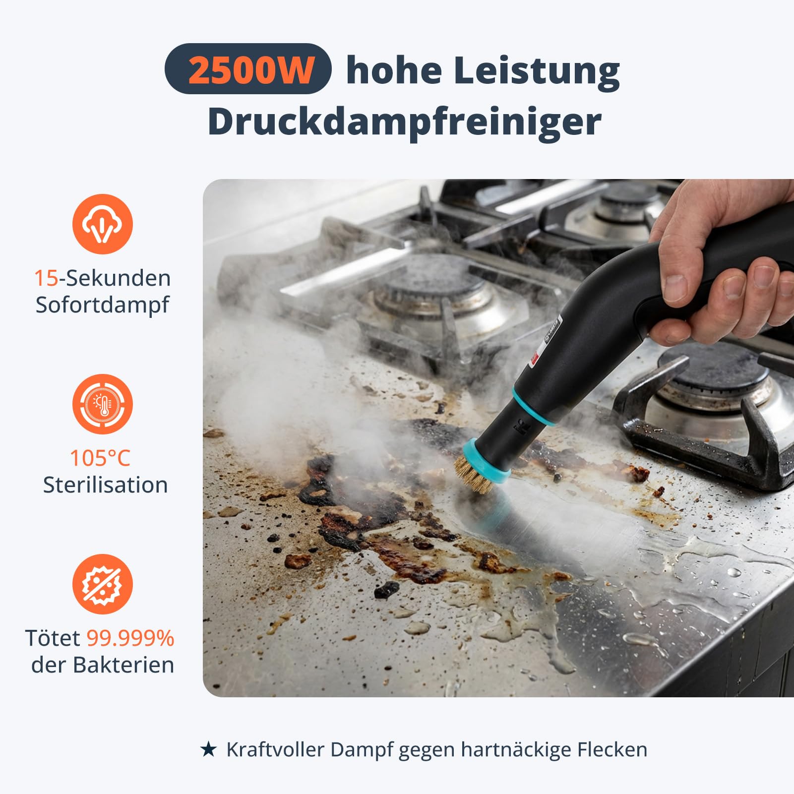 2500W Handdampfreiniger mit 4 Bar Druck – 15 Sek. Aufheizzeit, 105°C Dampftemperatur, 1250ml Wassertank, 6-stufig regelbar, inkl. 23 Aufsätzen für Küche, Bad, Auto & Fliesen