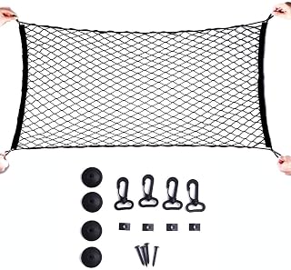 Haobase Cargo Net, 60 x 115CM Adjustable Elastic Trunk Cargo Organizer Nylon Mesh Rear Car Net for SUV, Truck Bed, Pickup, with Utility Free Bonus Hooks to Fix on Without Rummaging