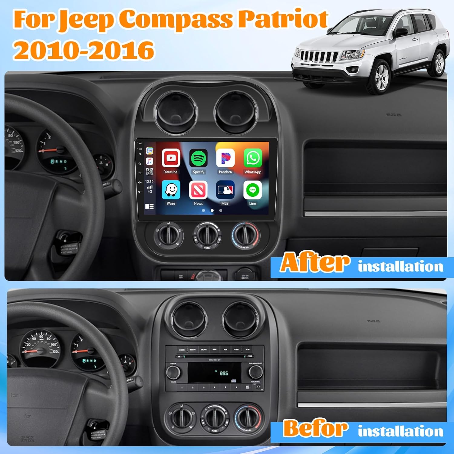 Before and after installation comparison of the Roinvou 10.1-inch Android Car Stereo in a Jeep Compass Patriot dashboard.