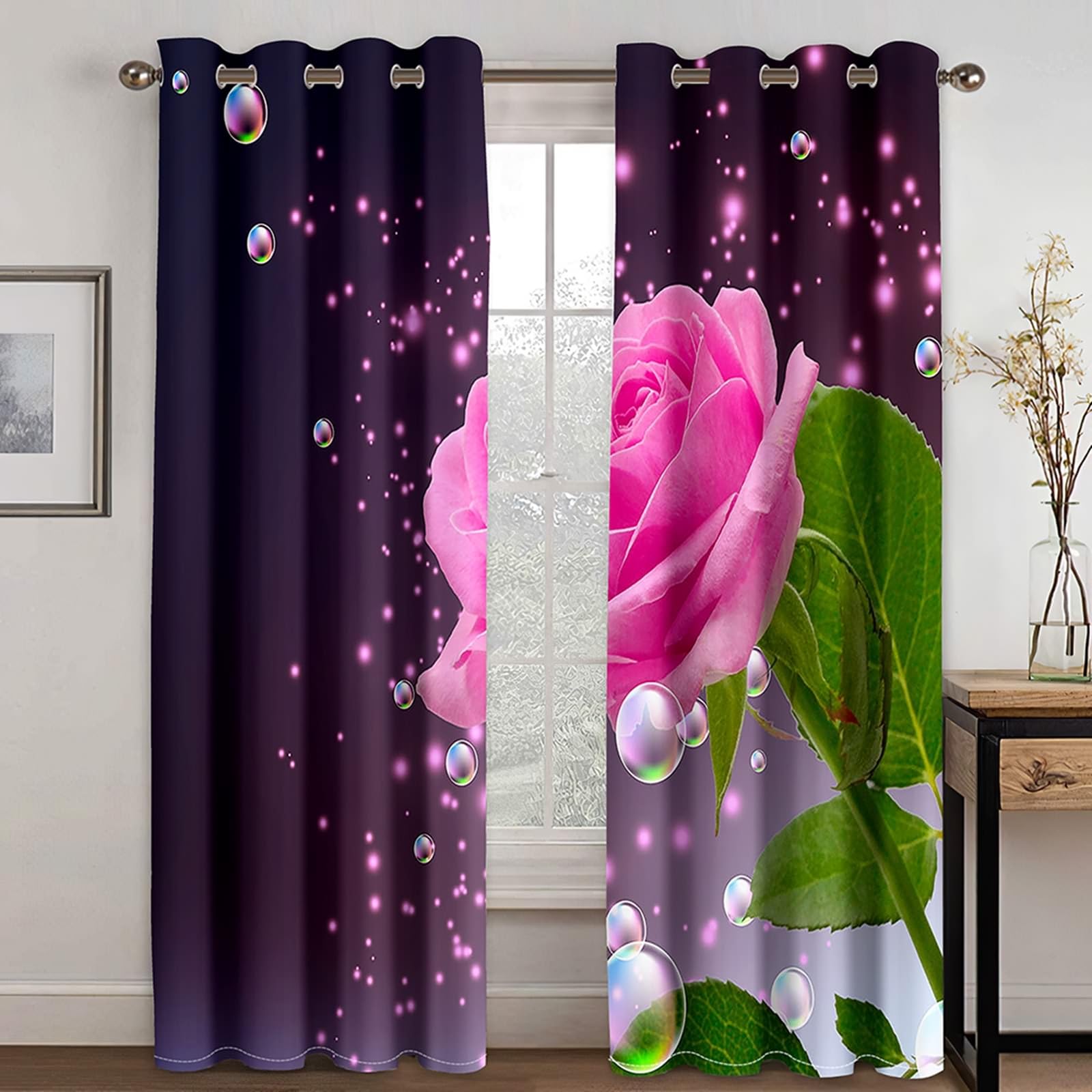 Verdunklungsvorhänge mit Ösen, 244x229cm Grün Rosa Dunkelviolett Rosa Rose und Wassertropfen Vorhang für Wohnzimmer/Schlafzimmer