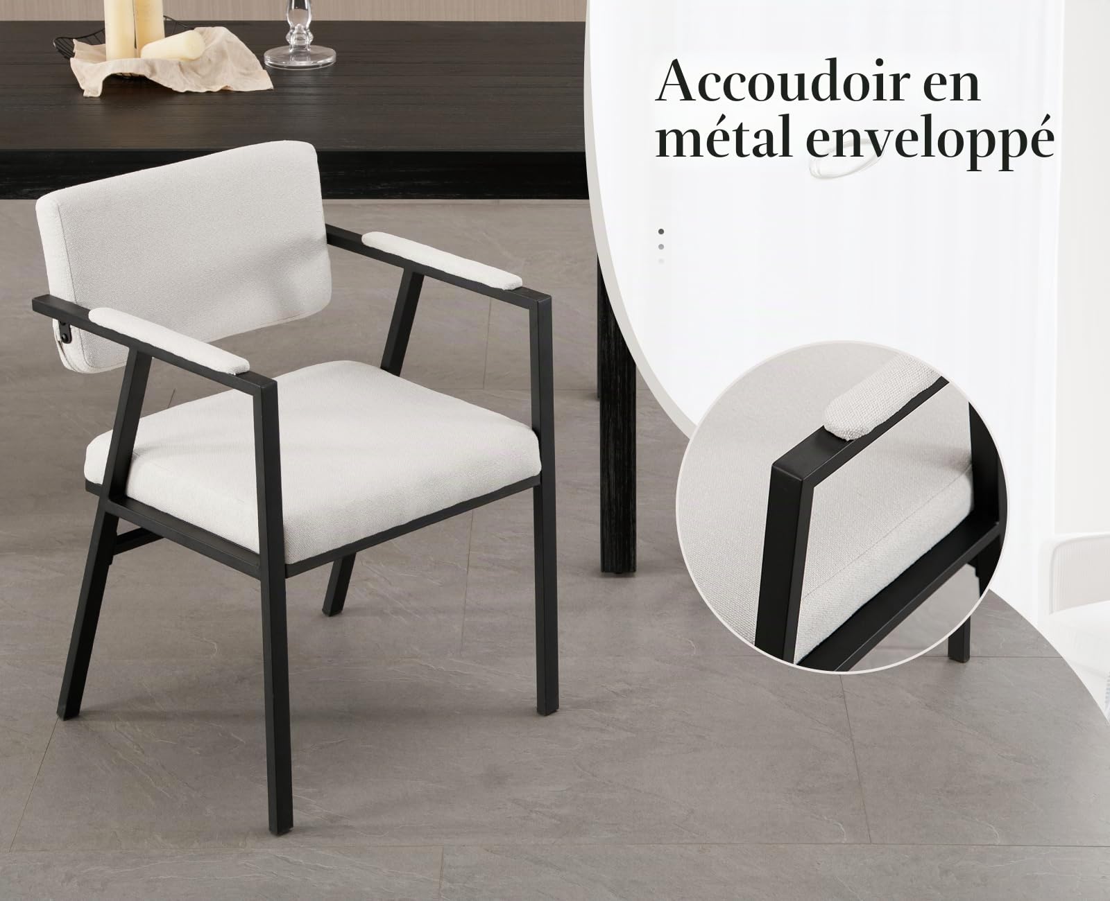chairus 2PCS Chaise Salle à Manger, Chaise de Cuisine, Lin Beige | Structure Métallique Noir, Accoudoir Rembourré, Coussin Rembourré, pour Restaurant, Salon, Chambre, Bureau