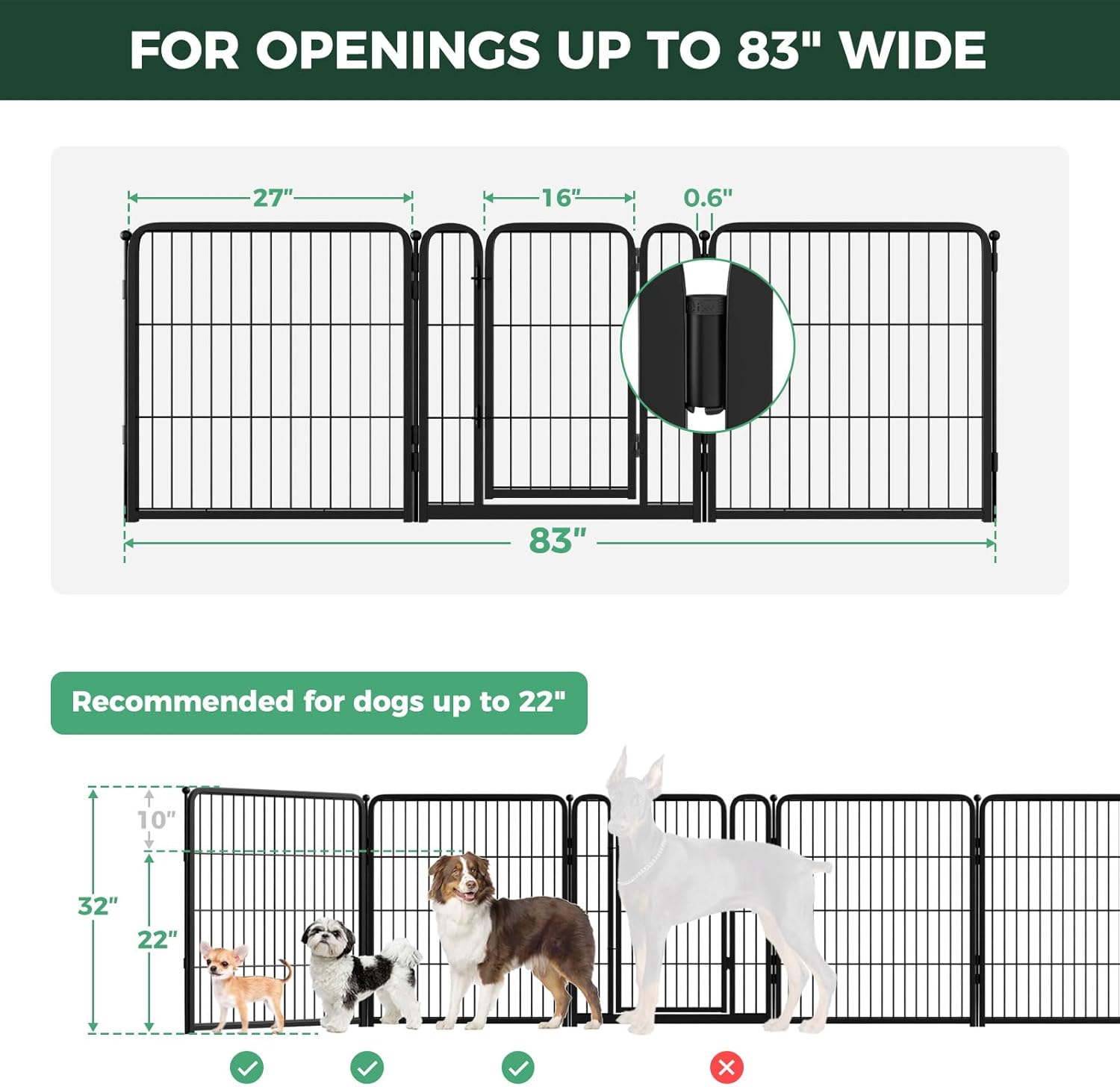 FXW Dog Gate Extra Wide Designed for Indoor Use, Adjustable Width Up to 83-inch Wide (32" H 3 Wire Panels for Small and Medium Dogs), Black