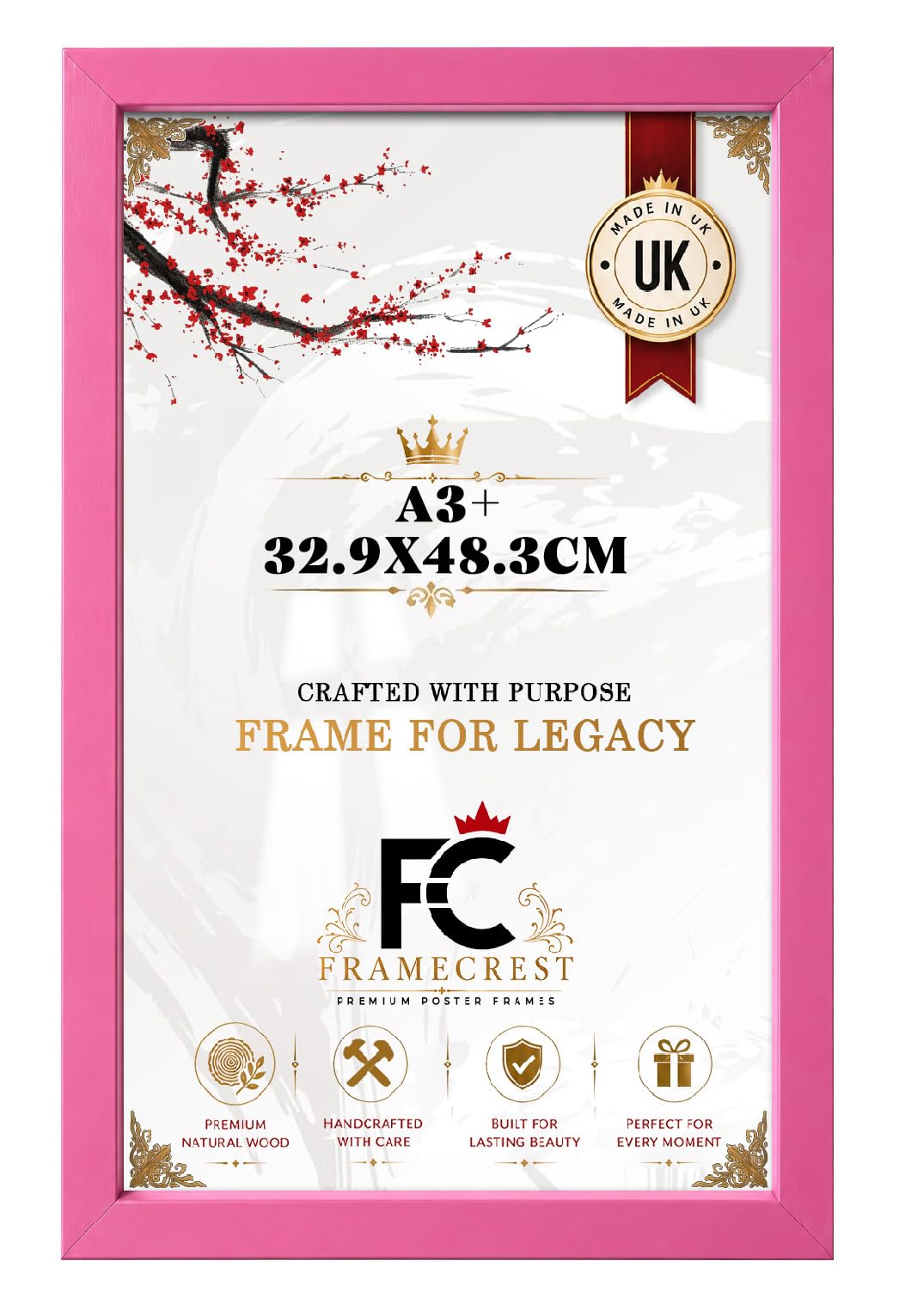 Framecrest Ltd Pink Framecrest Flat Profile Large A3+ 32.9X48.3cm Poster Frame Eton Wood Perfect For Wall Gallery, Living Room & Wall Hanging Mount Poster Picture-[Pink]