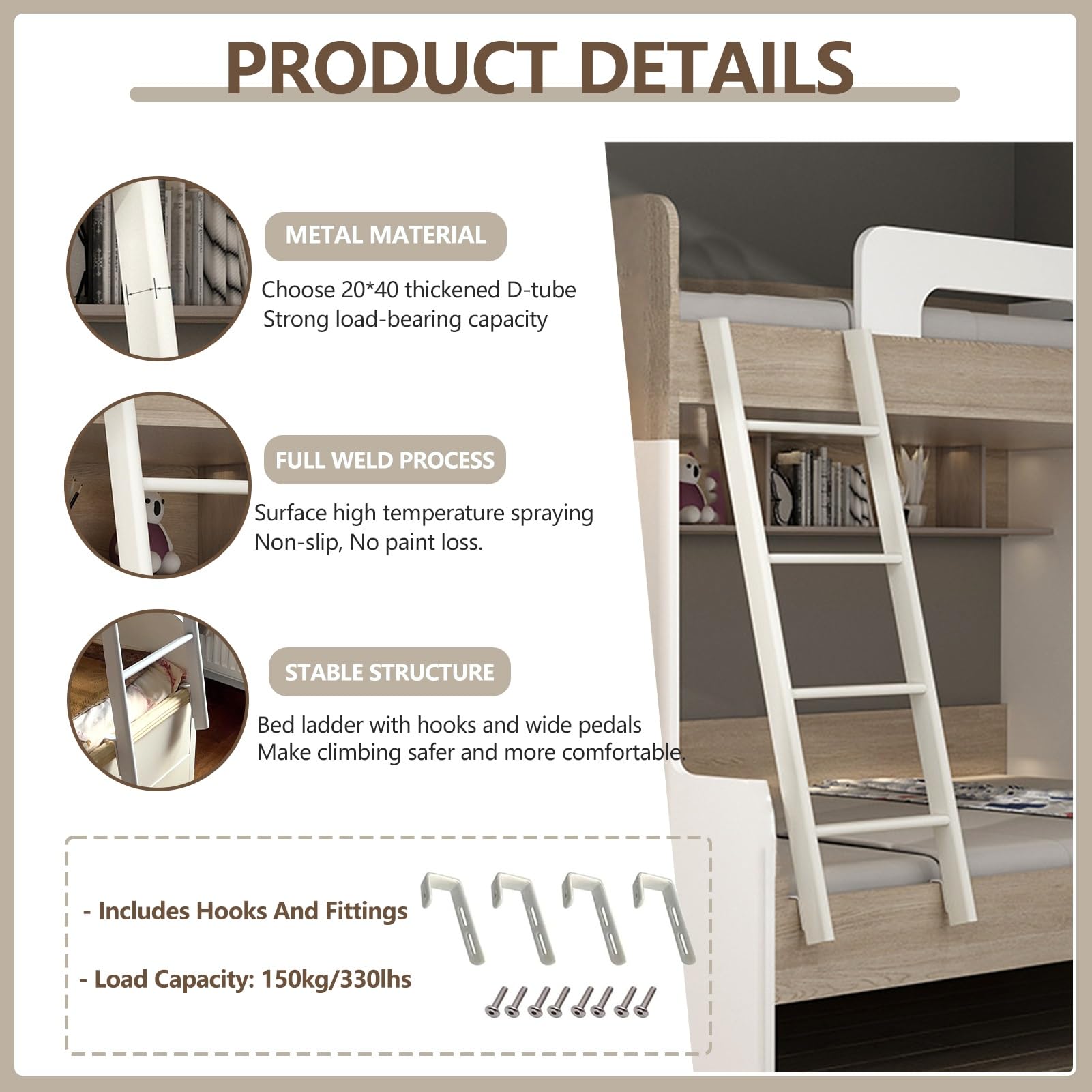 Échelle de lit superposé en métal Blanc pour Camping-Car avec Crochets, échelle d'escalade en métal de 116 cm/130 cm/140 cm/150 cm de Hauteur pour dortoir intérieur, échelle Double
