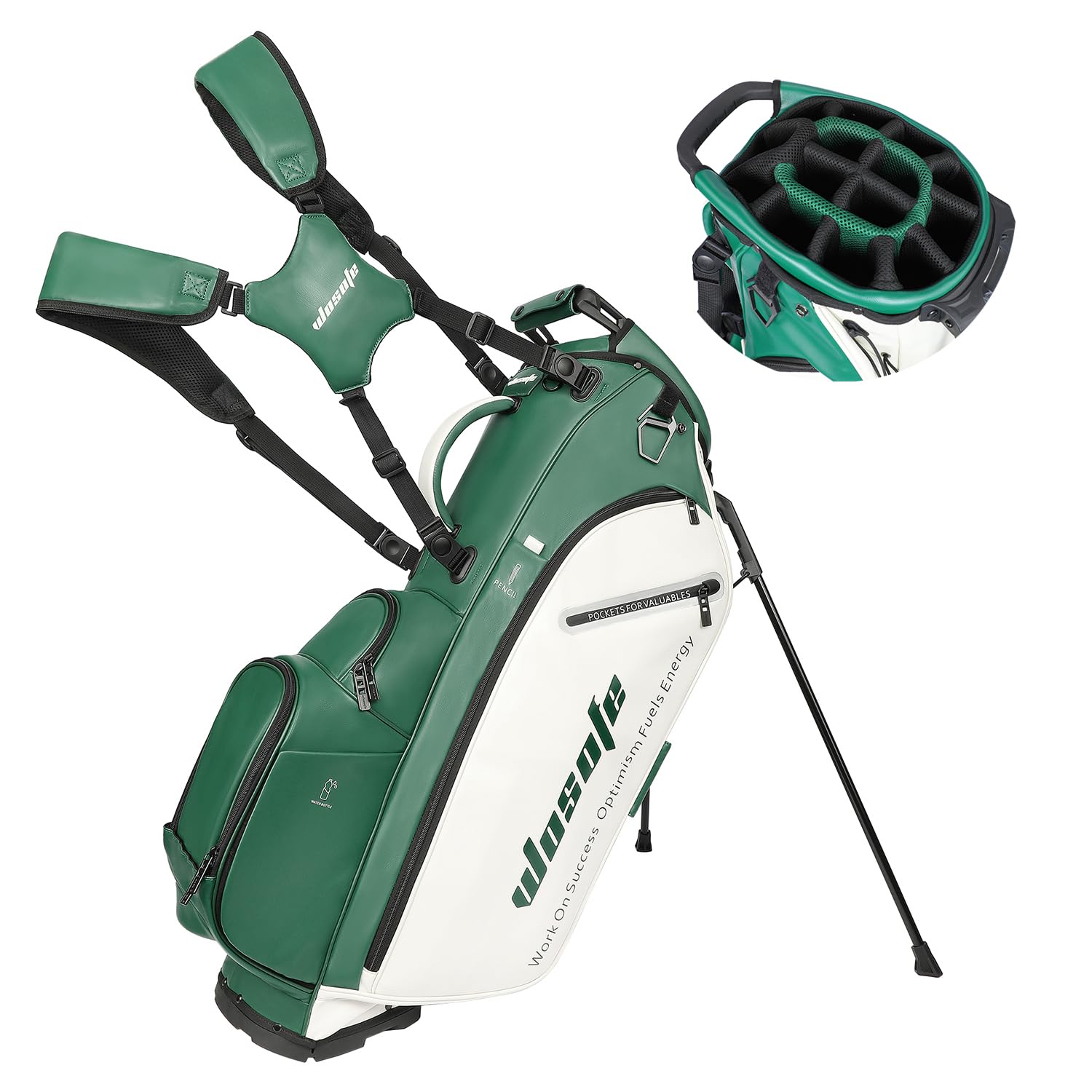 wosofe pu golf bag with 6/14 way top dividers automatically adjustable dual straps elegant design for men women pu golf stand bag with multiple pockets (khaki, 6way)