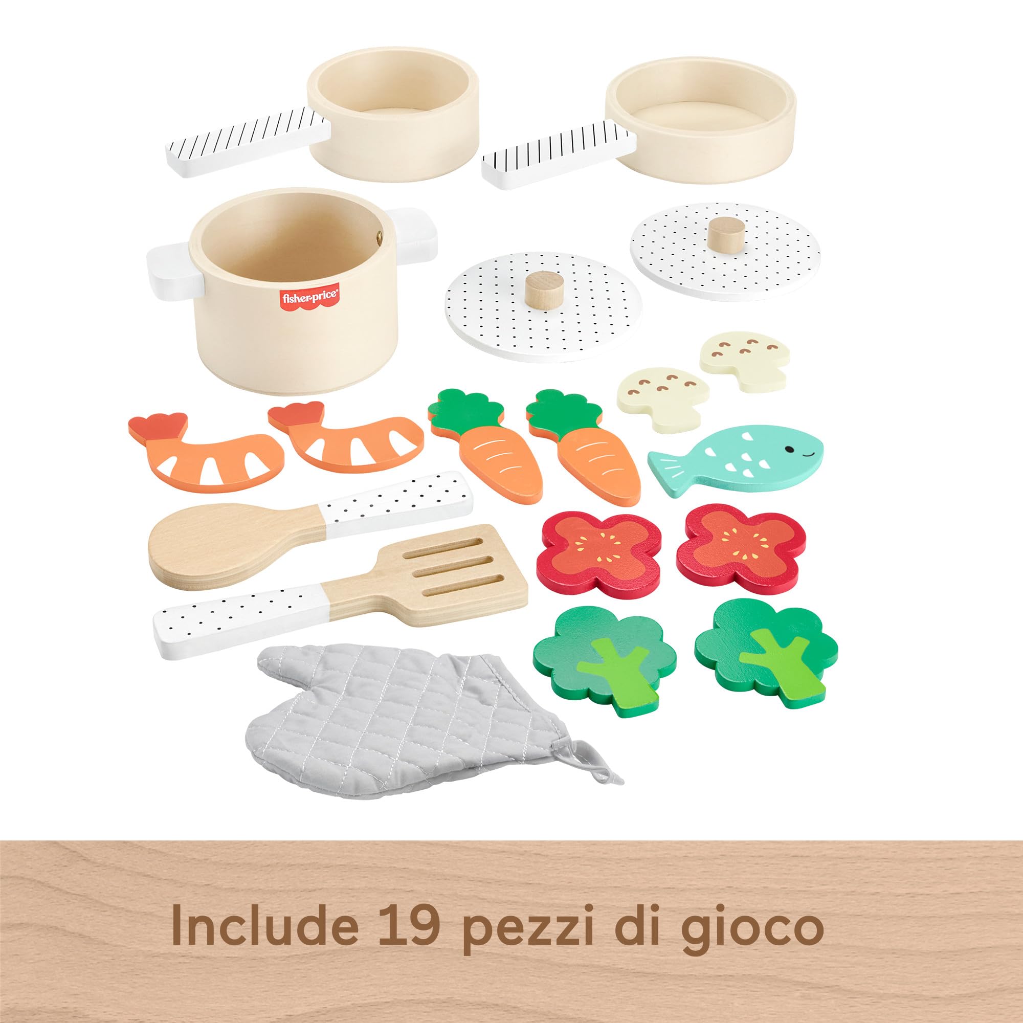 Fisher-Price - Set in Legno Cuciniamo Insieme, playset a Tema Cucina con 19 Pezzi in Legno tra Cui pentola, padelle, vivande e Utensili Vari da Cucina, Giocattolo per Bambini, 3+ Anni, HXT83
