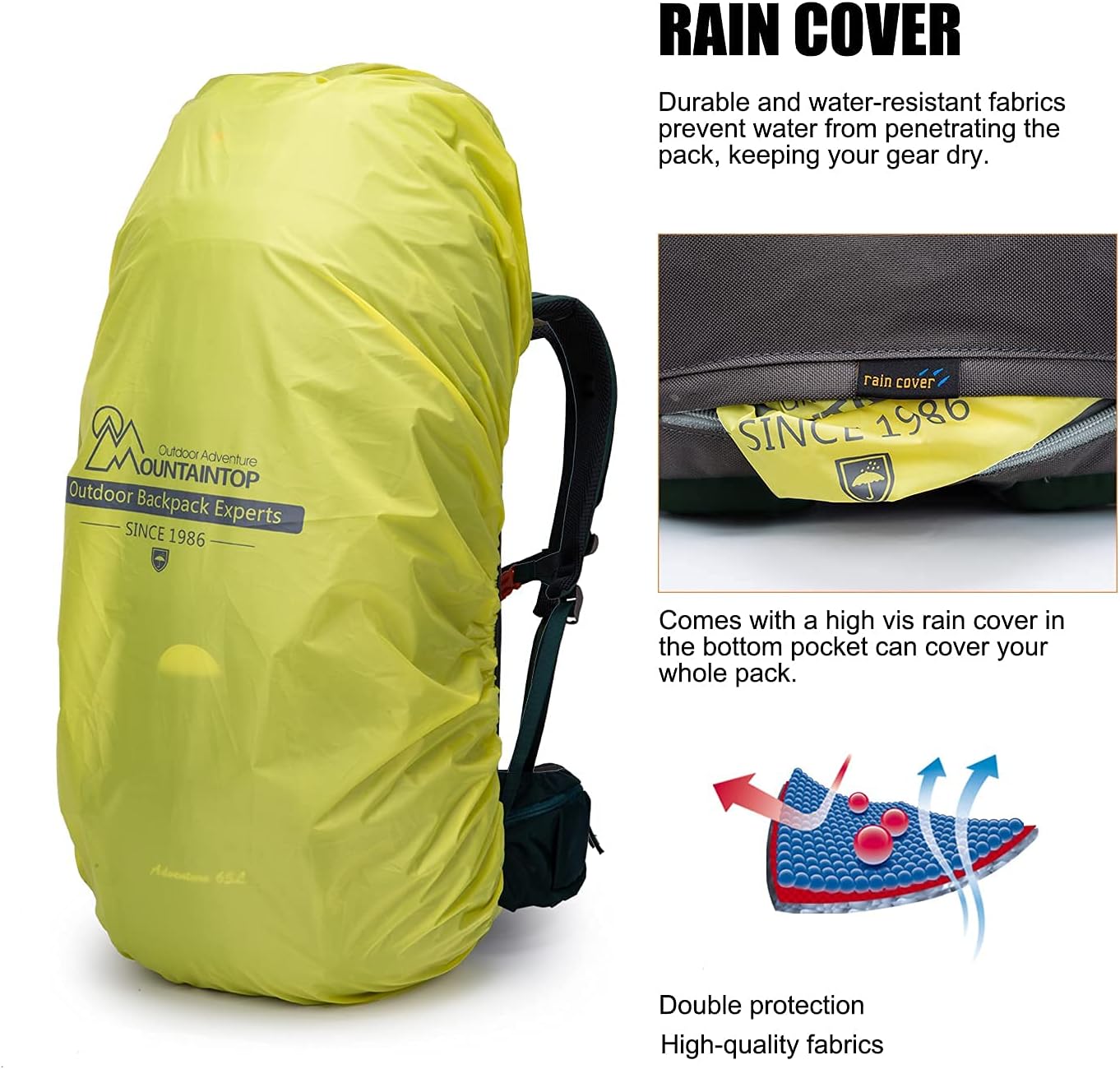 MOUNTAINTOP 65L Internal Frame Backpack with Rain Cover
