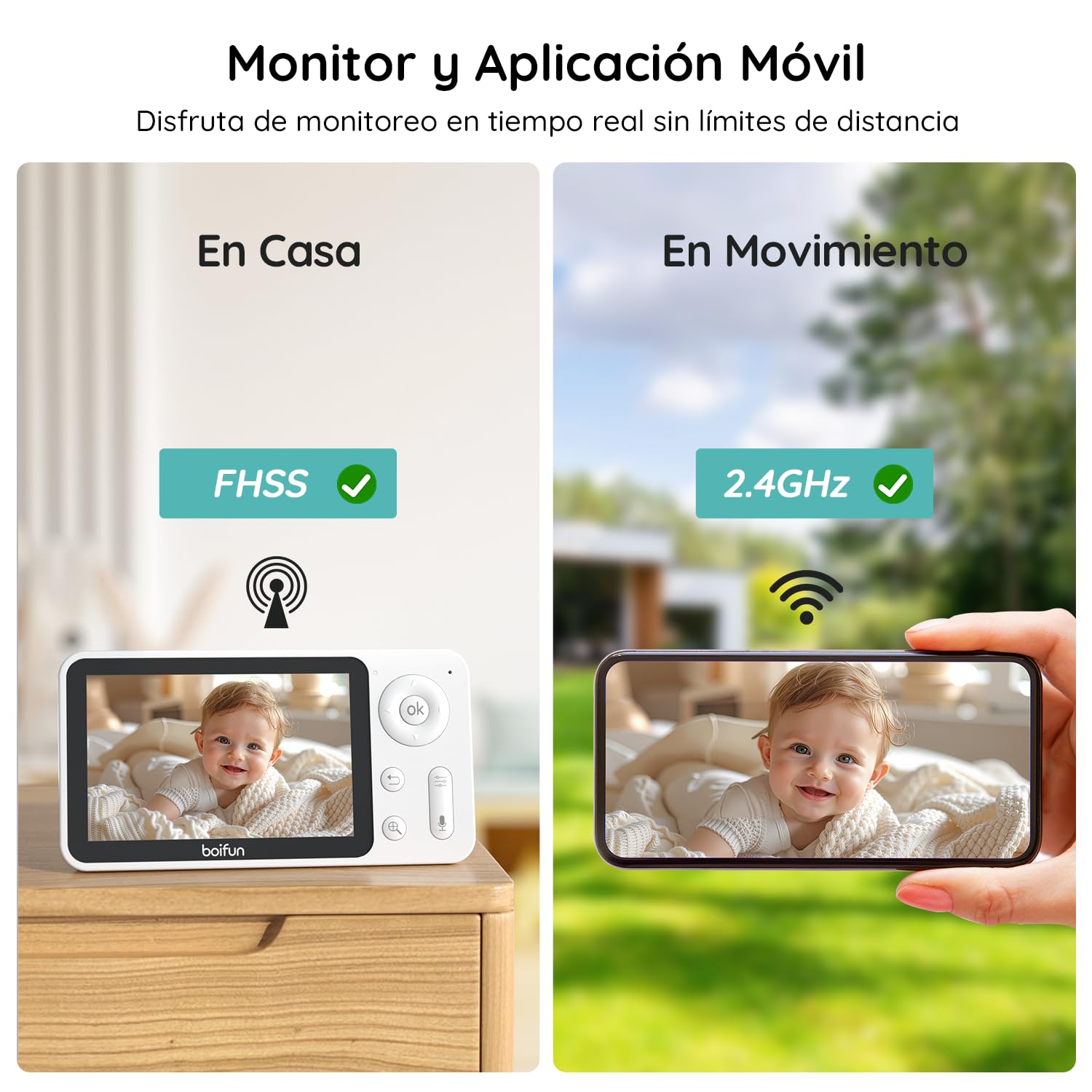 BOIFUN Vigilabebes con 2 Camaras con App Movil, 1080P Camara Vigilancia Bebe Pantalla Dividida, 360°Seguimiento Automático, Monitoreo de Movimiento, Valla Virtual con IA, Zoom 4X
