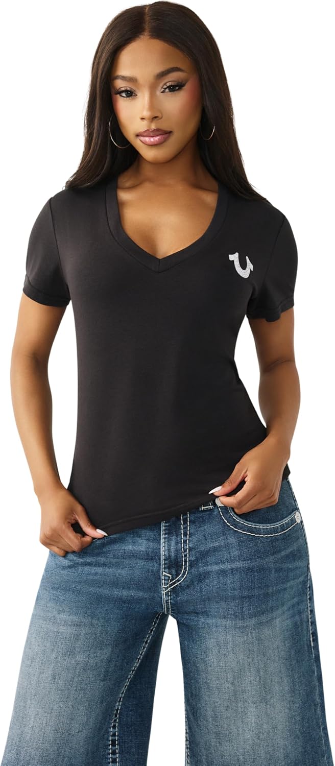 True Religion Women’s Crystal Sporty V-Neck Tee – Short Sleeve Cotton Blend T-Shirt with Rhinestone Logo Design