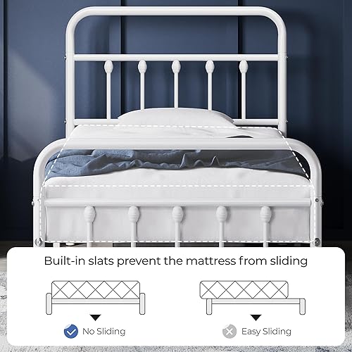 Miniatura 78 de YAHEETECH - Marco de cama de metal clásico con estructura de hierro y estilo victoriano, cabecero y pie, espacio debajo de la cama, no necesita base