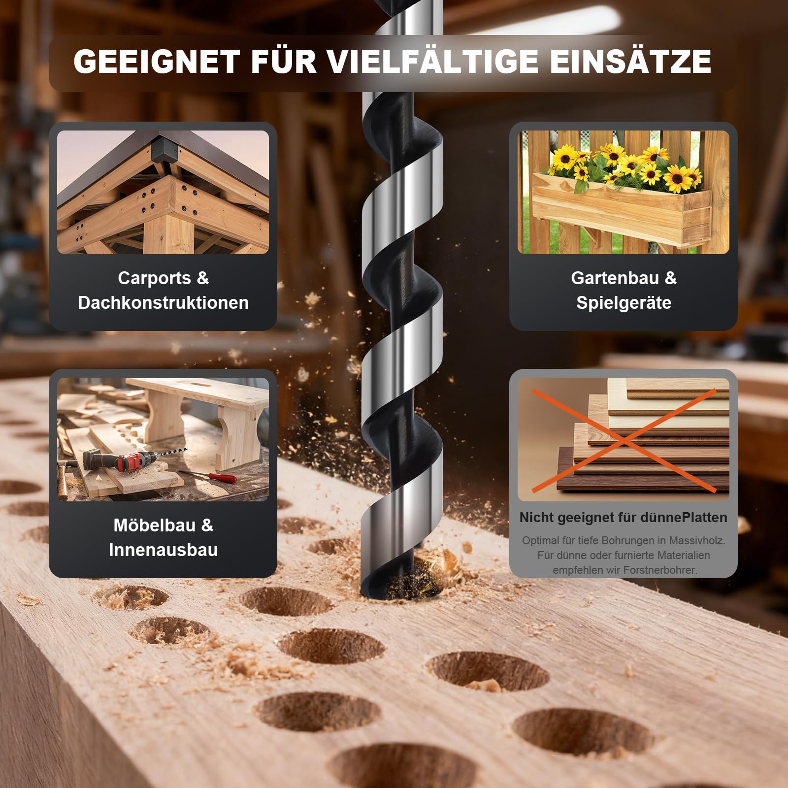 3 punte per trapano a serpente, 10 mm x 250 mm, con punta filettata autocentrante e codolo esagonale da 6,35 mm, per legno