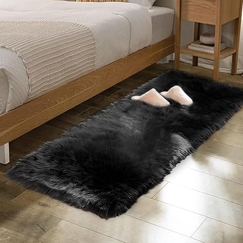 Alfombra negra lavable de piel de oveja sintética para dormitorio, alfombra de pelo sintético lanudo para sala de estar, pasillo, cuarto de bebé,