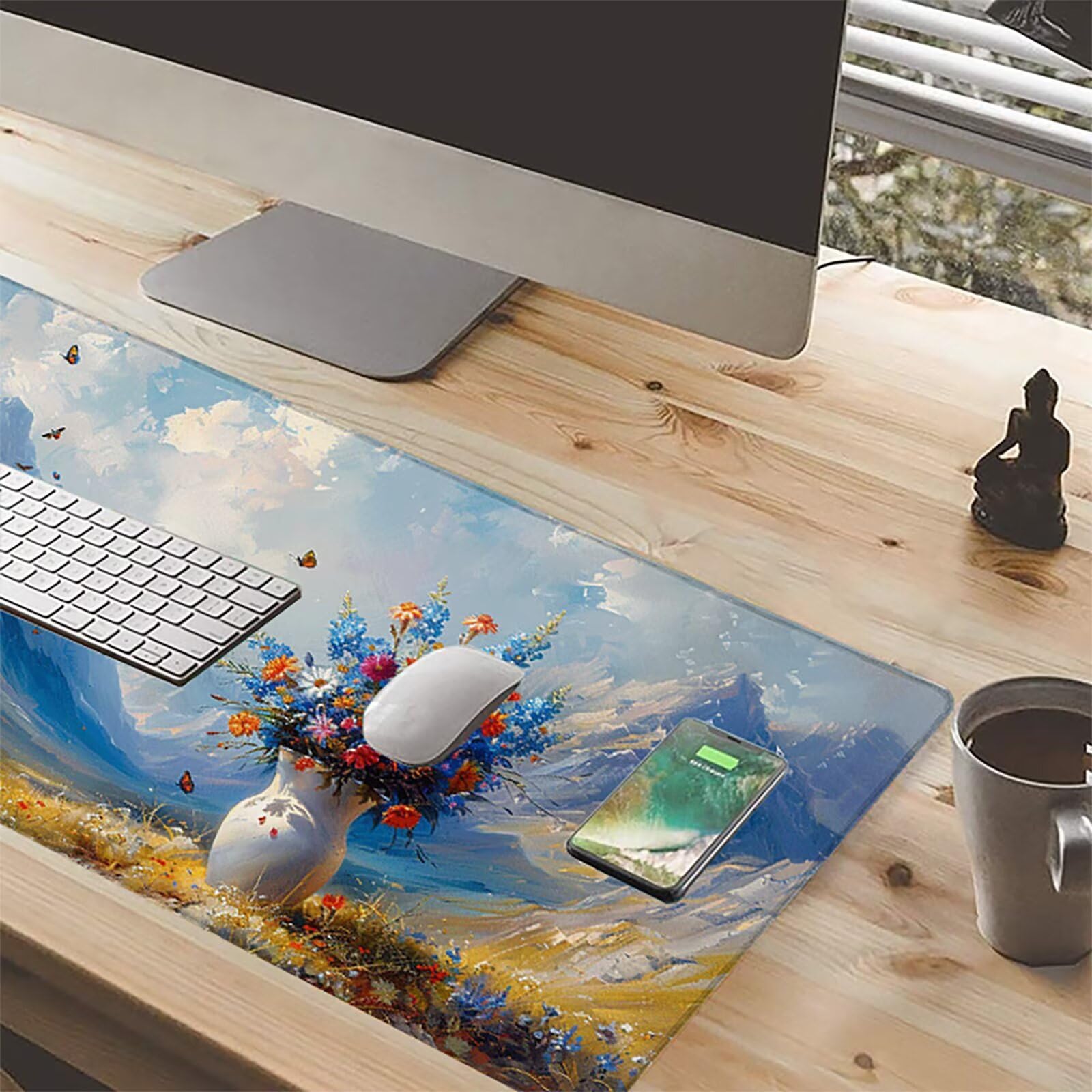 Florero Alfombrilla Ratón Gaming XXL 1500x800 mm, Alfombrilla Gaming Azul Mousepad con Base de Goma Antideslizante, Impermeable Desk Mat para Teclado y Raton, Accesorios Gaming, Regalos de Hombre 0-S