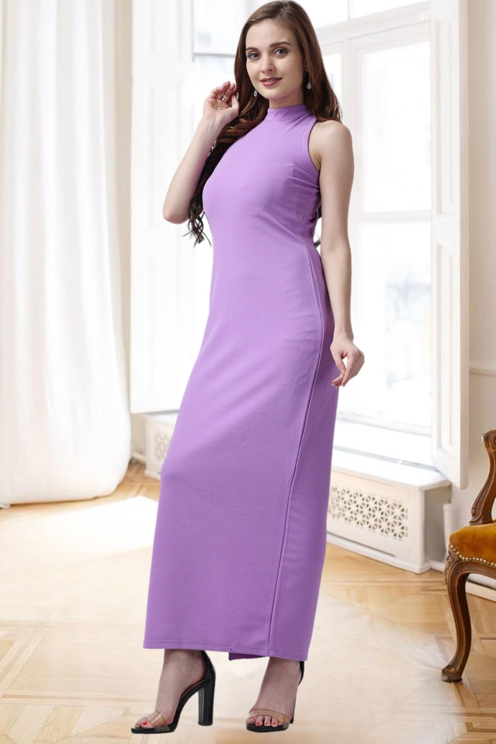 Popwings Women's Polyester Sheath Maxi Dress (Dopt15087_Lavender