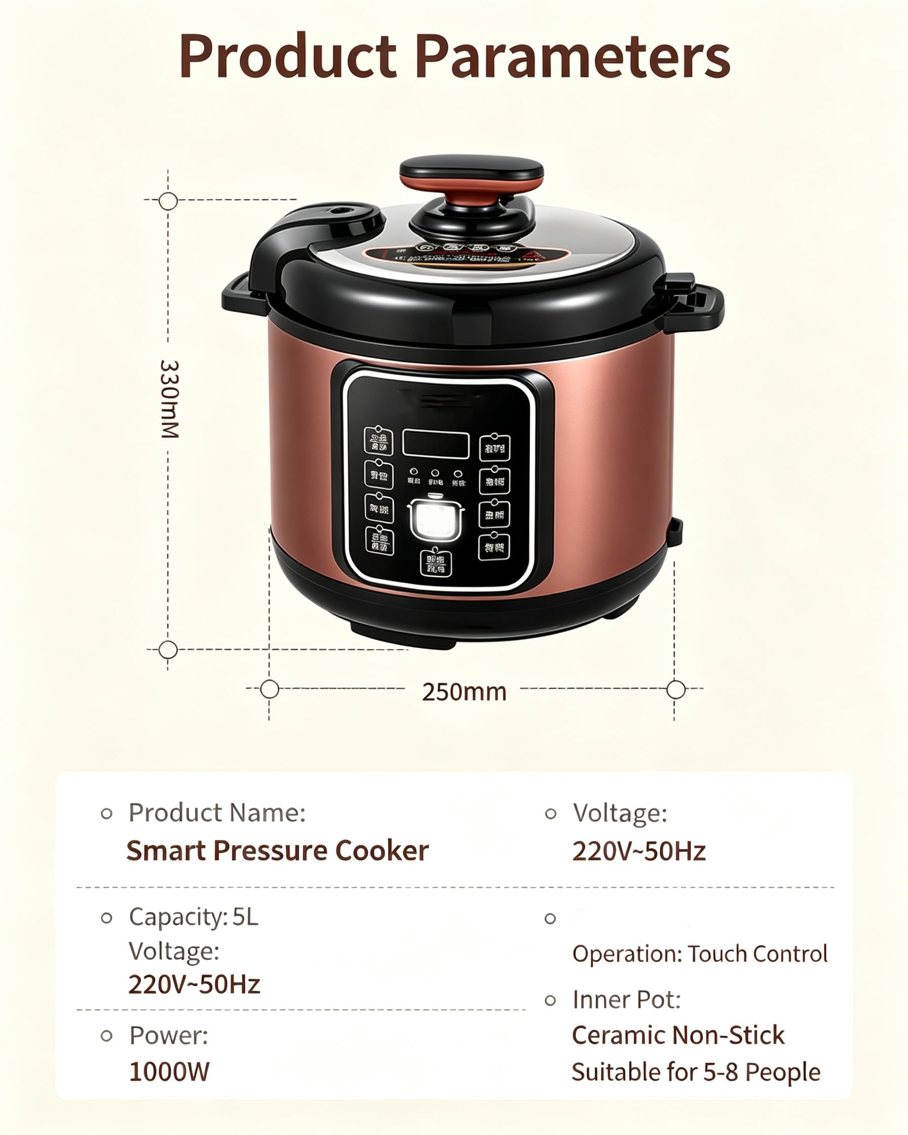 5L Wielofunkcyjny Elektryczny Szybkowar, 1000W, Ceramiczny | Duża pojemność 5L dla 5–8 członków rodziny, wysoka moc 1000W, odporna na zarysowania, kompozytowa ceramiczna