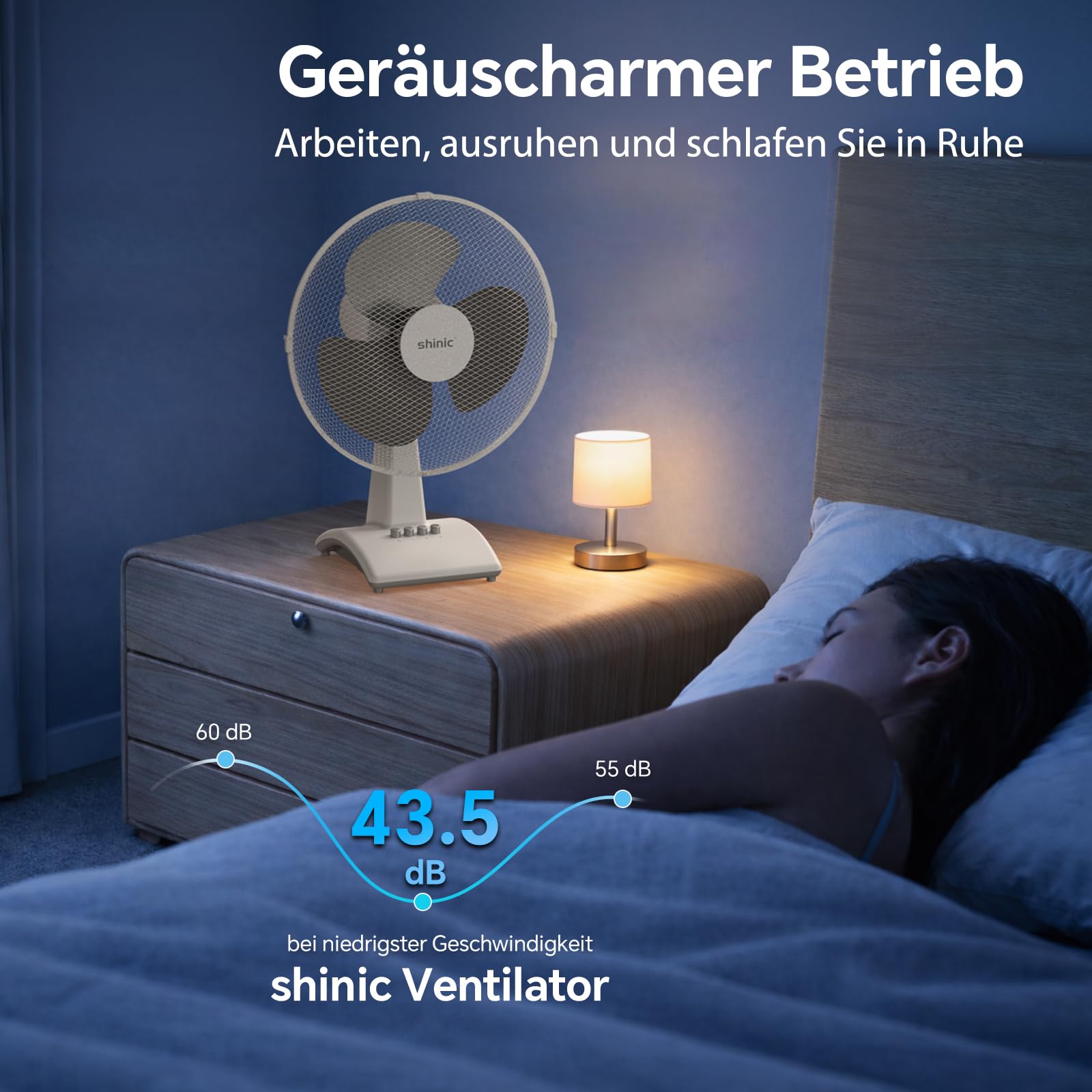 shinic Tischventilator 30 cm, 3 Geschwindigkeiten, Tischventilator sehr leise mit Oszillation, höhenverstellbar, 3 Flügel, tragbarer Ventilator Tisch für Kühlung im Schlafzimmer & Büro, weiß