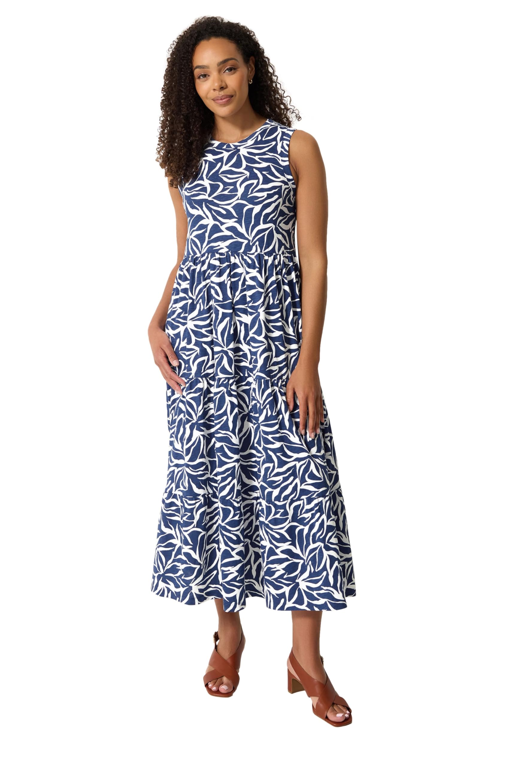 M&Co Women's Dark Blue Navy Blue Abstract Print Cotton Tiered Maxi Dress