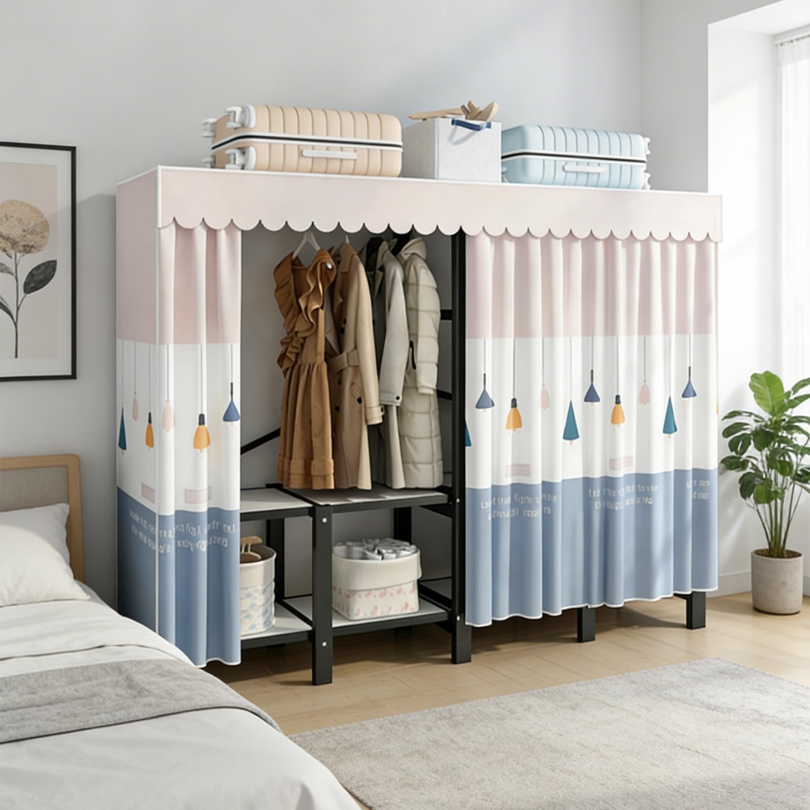 Zusammenklappbarer Kleiderschrank,Installationsfreier Faltschrank,Langlebiger Stoff-Kleiderschrank,Schlafzimmer-Aufbewahrungsregal,Stoffschrank Staubdichter Organizer-Schrank(Pink,188cm/74in)