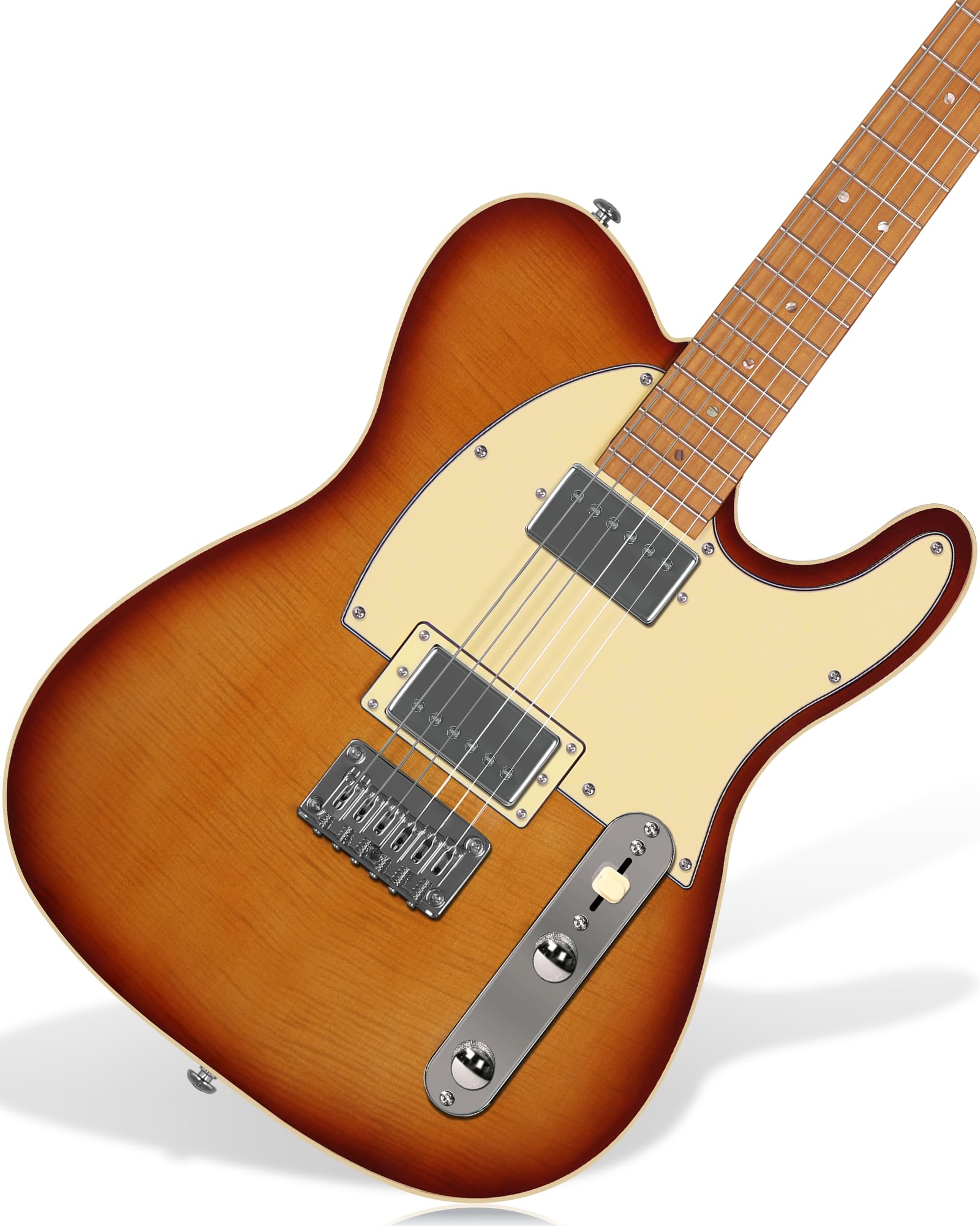 AKLOT Modern TL Electric Guitar – Dual Humbucker with Coil Split, Roasted Maple Neck &amp; Flame Maple Top, Locking Tuners, Beginner &amp; Intermediate Guitar, Inferno Burst