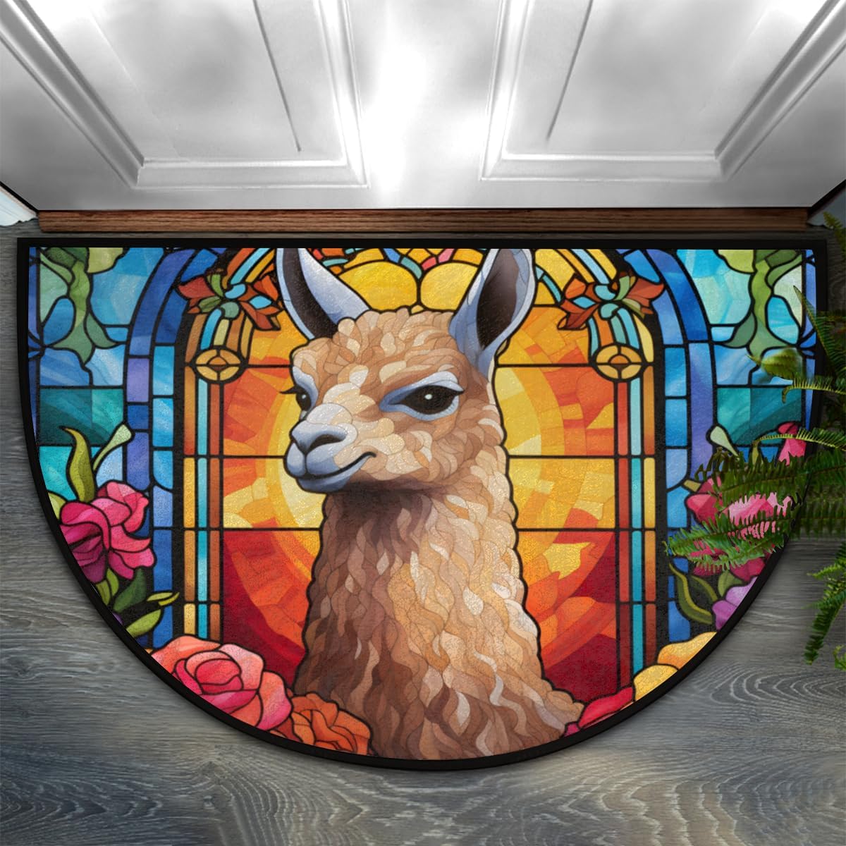 Half Round Door Mat Alpaca Flower Glass Intdoor Entrance 36x24 Inch, Non-Slip Welcome Mat for Outdoor Semi Circle Bathroom Floor Rugs,House Entry Way Heavy Duty Doormat for Kitchen Living Room