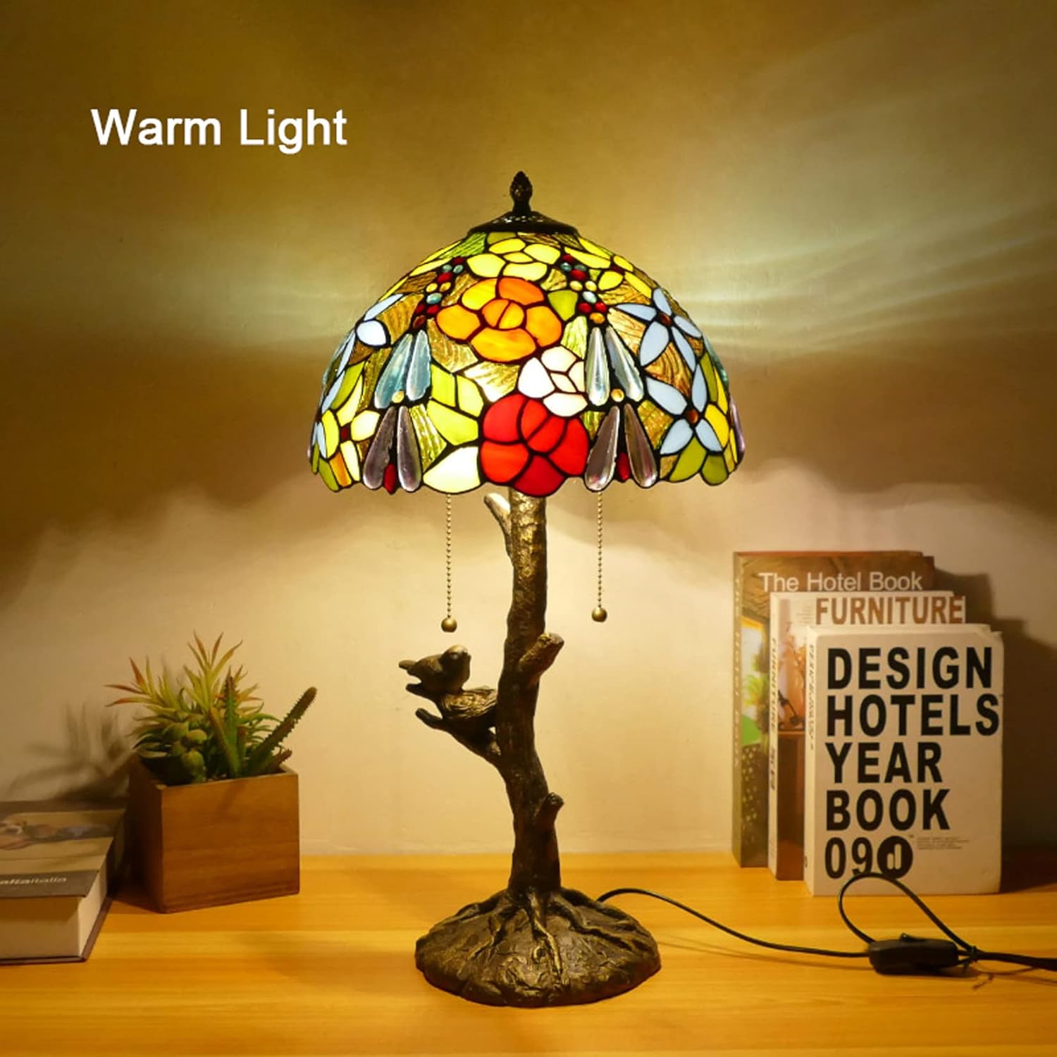 12 Inch Table Lamp in Tiffany Style Pastoral Floral Stained Glass Desk Lights Antique Cute Bird Base Reading Lights for Bedroom Living Room Cafe, E27*2,B