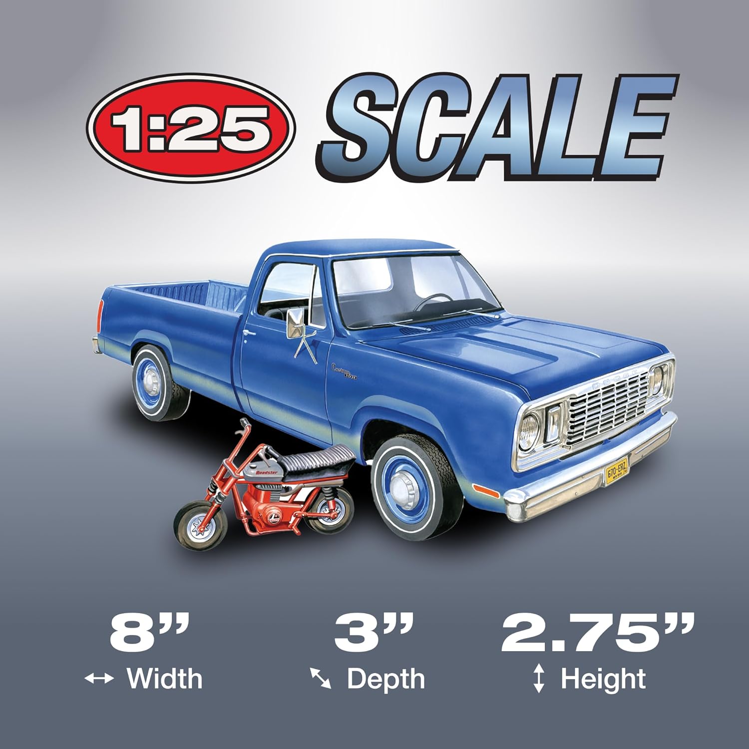 A graphic illustrating the 1:25 scale of the MPC 1978 Dodge D100 Custom Pickup model, with dimensions of the assembled model: 8 inches width, 3 inches depth, and 2.75 inches height.
