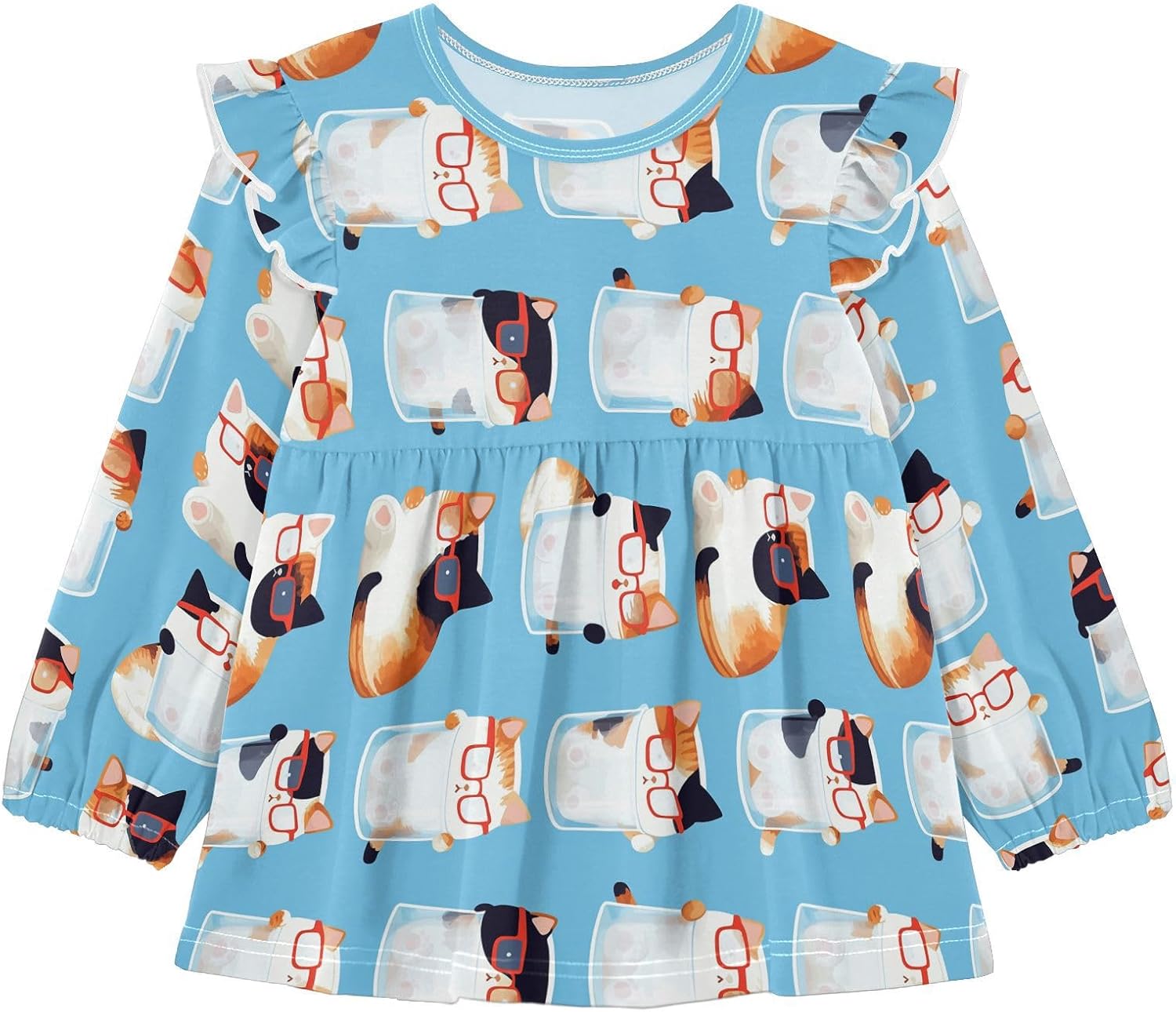 visesunny Toddler Clothes for Girls Glasses Bottle Cat Long Sleeve Fall Shirts Cotton Top with Ruffle Collar