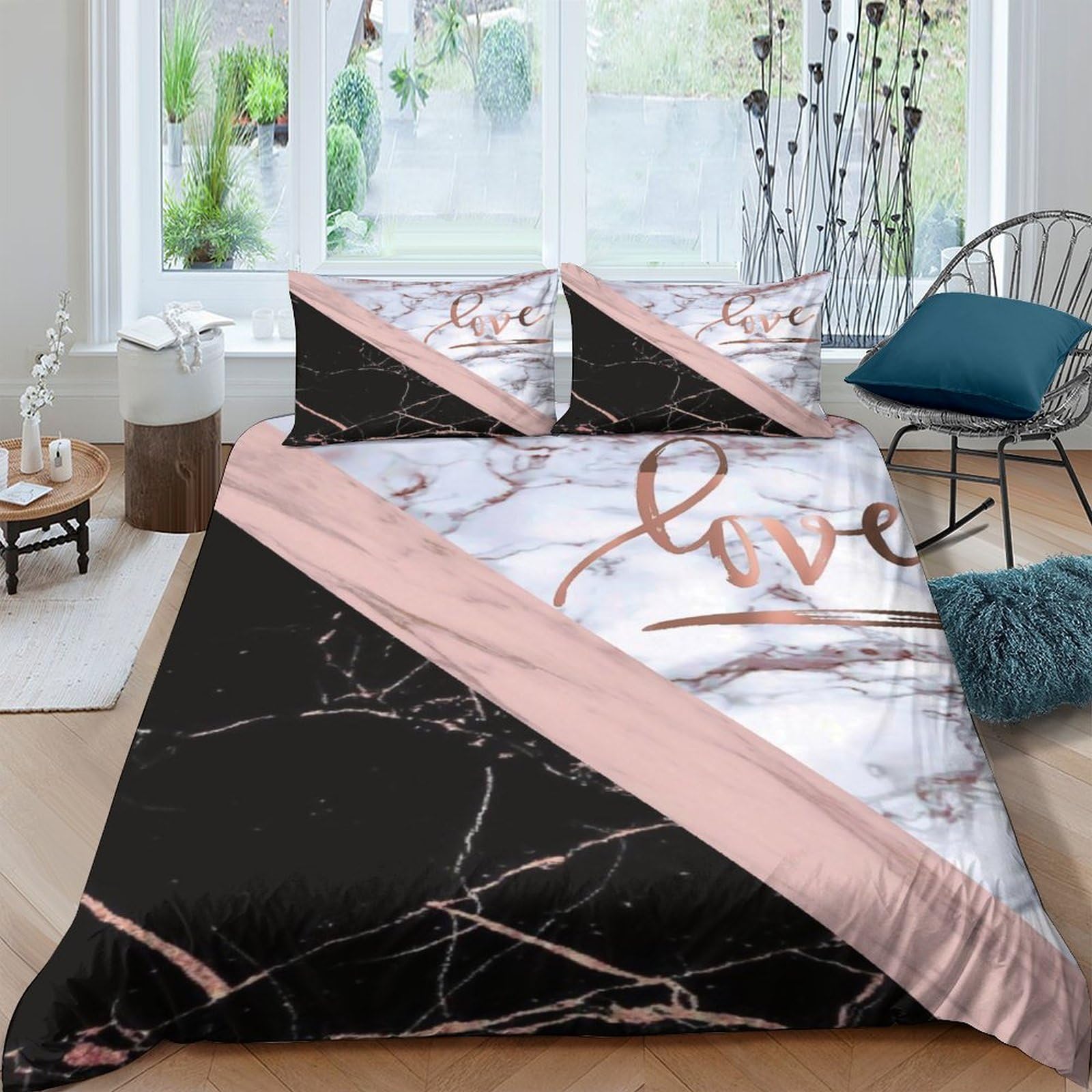 GPLZQXKJNH 3D Printed Marble Love Duvet Cover Set Microfiber Black Pink Bedding with 2 Pillowcases for Bedroom Decor Single（135x200cm）