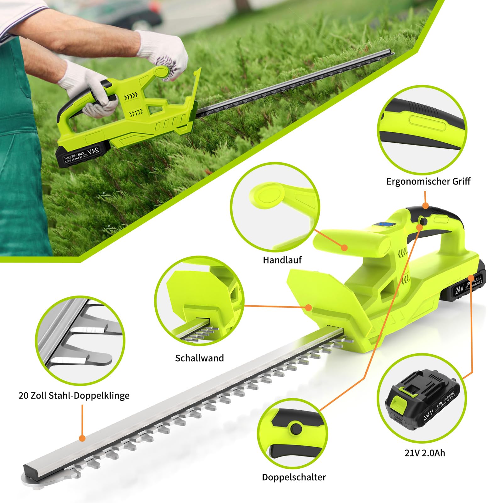 Cortasetos inalámbrico VOERJIA de 20 Pulgadas, 2 baterías de 2000 mAh, 21 V, Cuchilla de Doble acción de 50 cm, 750 W para jardín, arbustos y Plantas de Borde.
