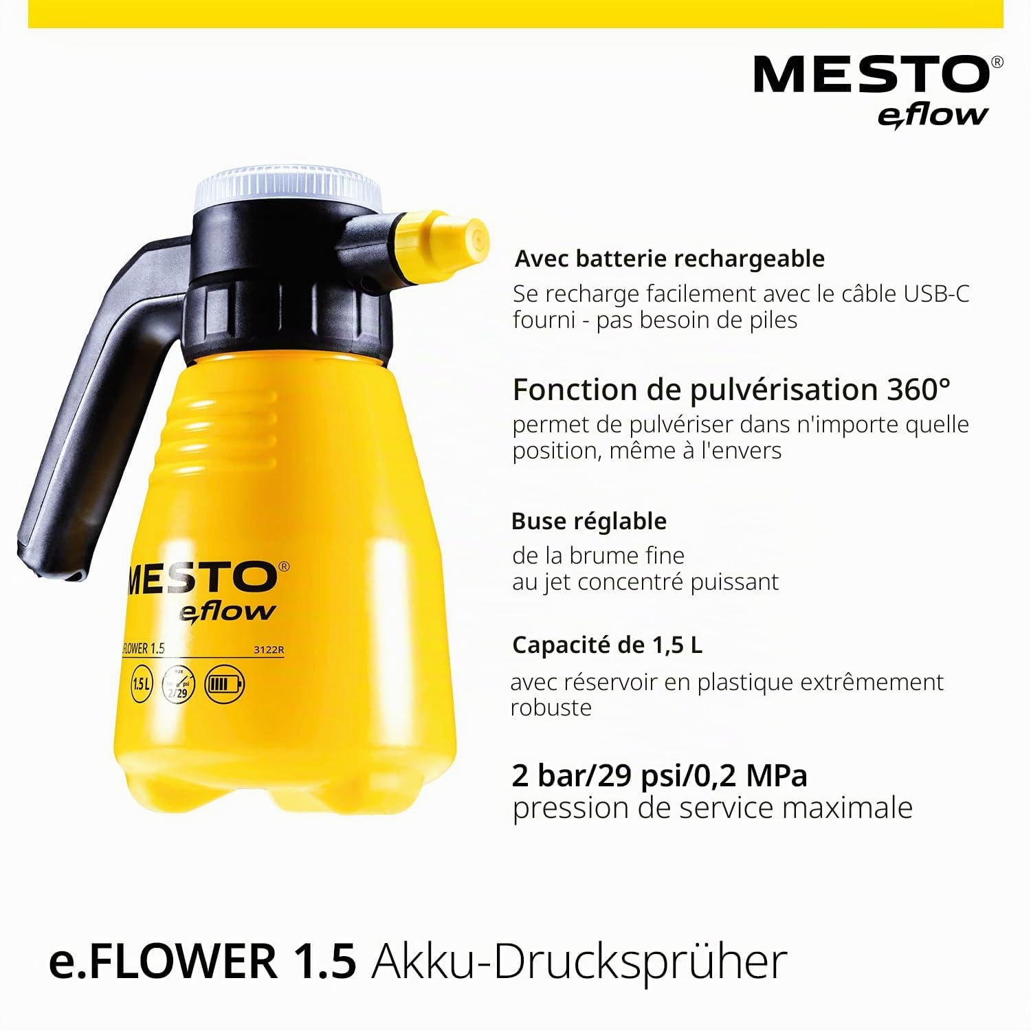 Mesto e.Flow e.Flower 1.5 Pulvérisateur à Batterie 1,5L | 360° | Jardin et Plantes | Buse réglable | Affichage numérique de la Batterie | Pulvérisateur à Pression sans Fil