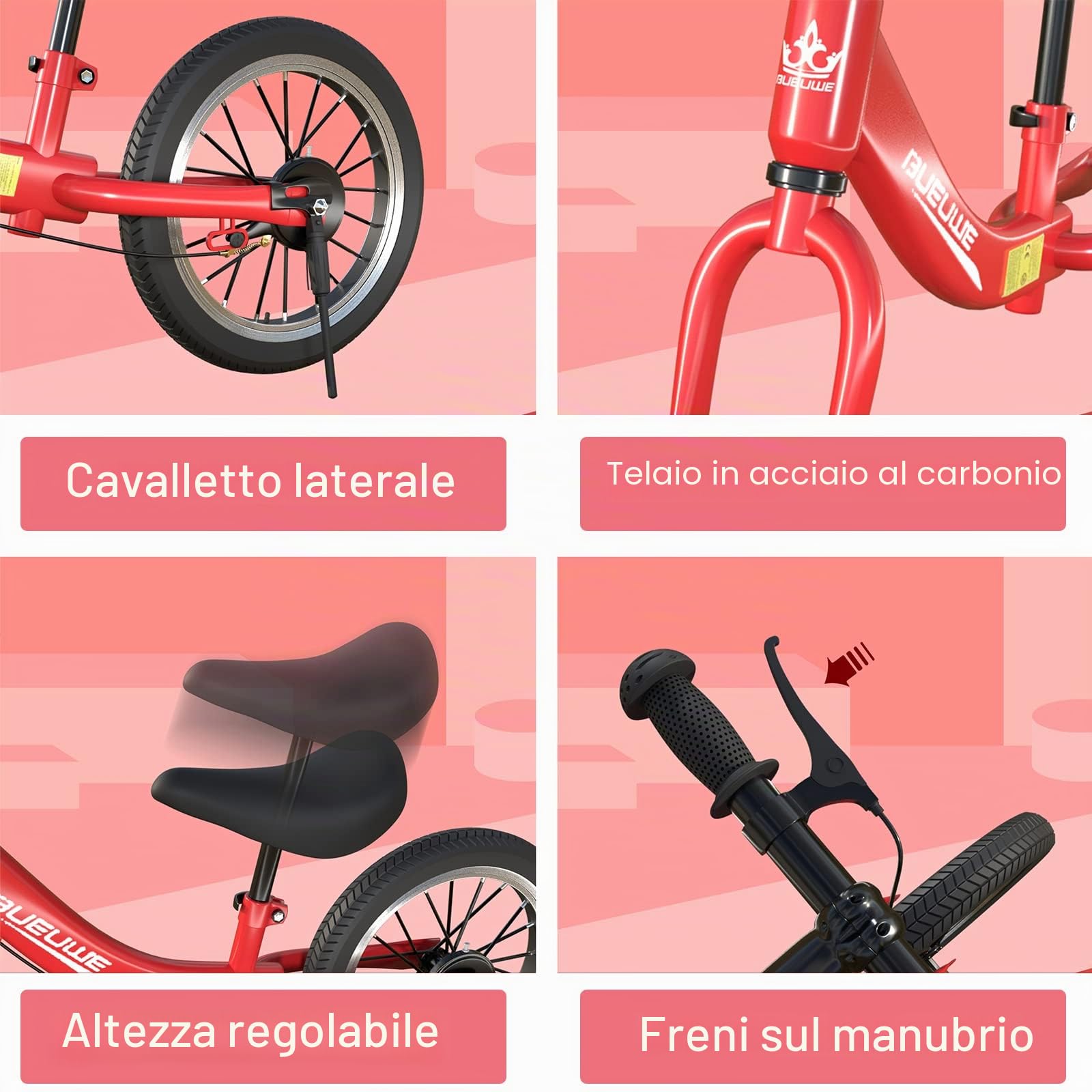 Bici Senza Pedali per Bambini da 2 3 4 5 6 Anni, Ruote in Gomma da 14 Pollici, Freno e Cavalletto, Massimo 40 Kg, Manubrio e Sella Regolabili, Regali di Compleanno per Bambina e Bambino