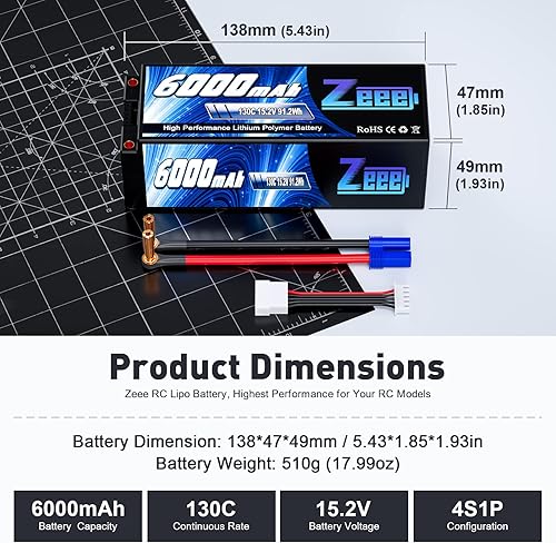 Miniatura 2 de Zeee 4S Lipo Batería 6000mAh 15.2V HV Lipo 130C con conector de bala a EC5 de 0.197 in, batería rígida para vehículos RC, automóviles, camiones,