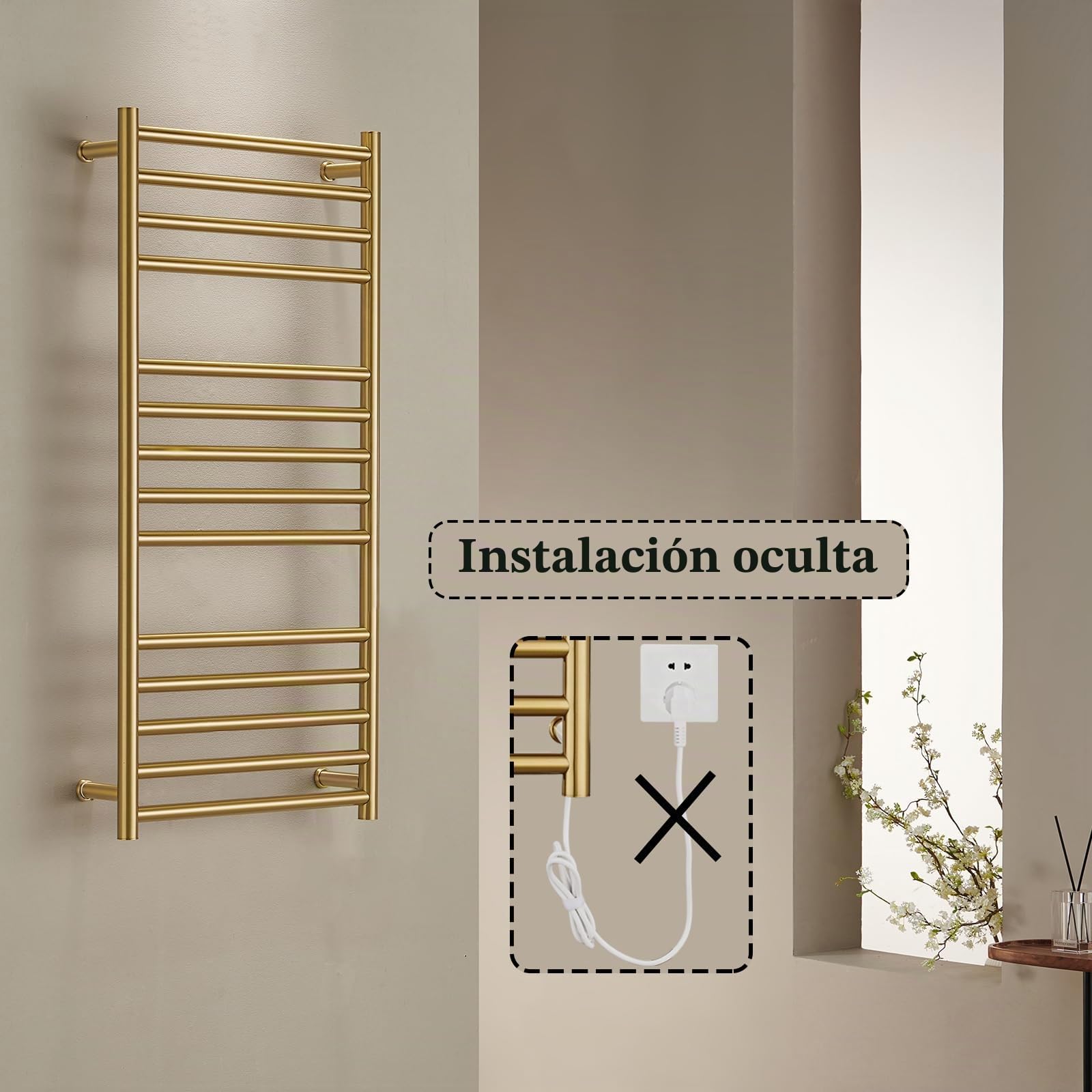 Radiador Toallero Eléctrico Baño Dorado Calentador de Toallas 162 W | Bajo Consumo, Acero Inoxidable, IP44 Impermeable, 110x52x12cm Instalación en la Pared, Fácil de Limpiar, con EU Enchufe