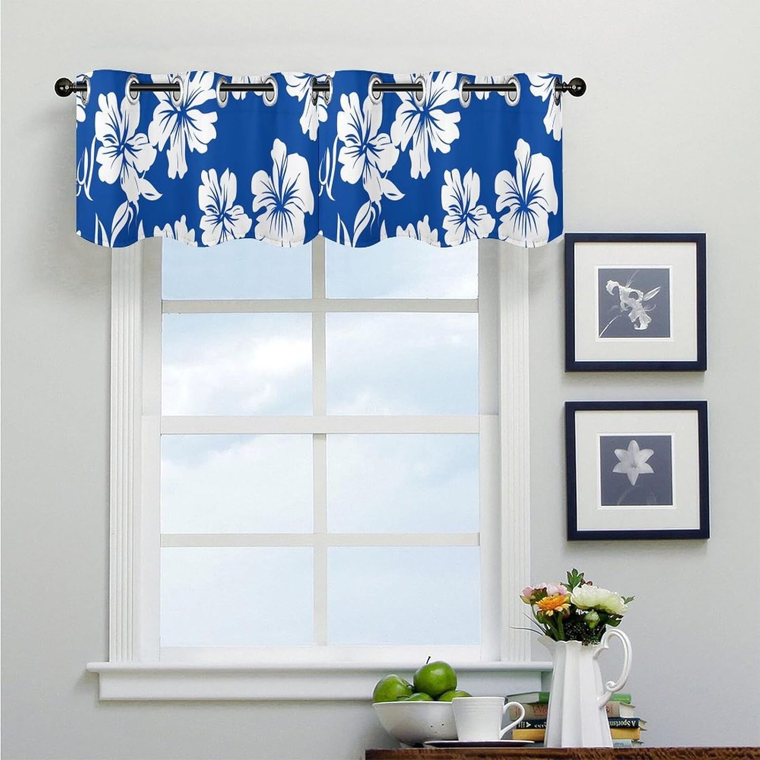 Blue and White Flowers Valance for Windows, 2 Pack Kitchen Curtains Modern Home Decor, Soft Blackout Window Curtains for Living Room & Bedroom, 18 X 52 Inch