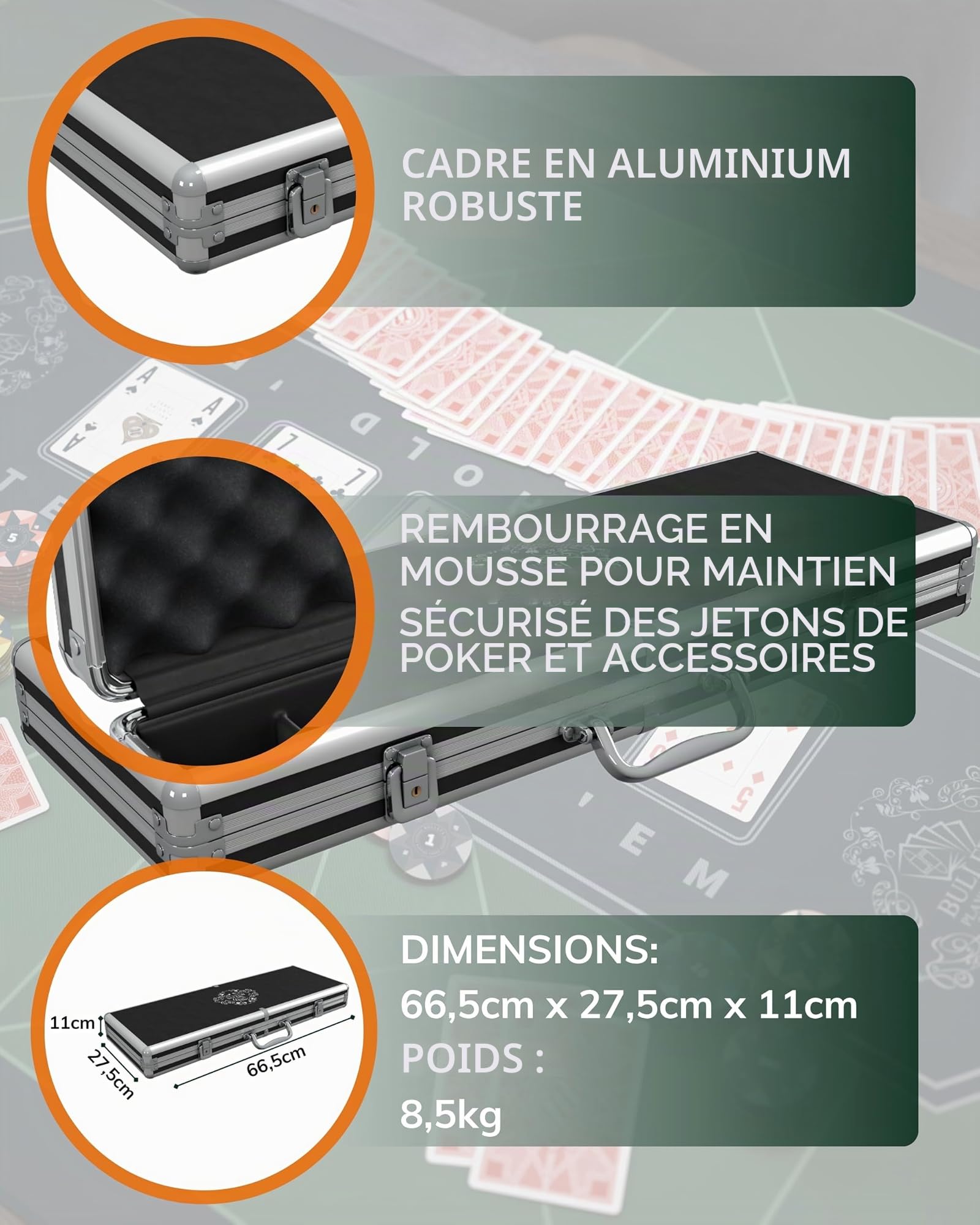 Bullets Playing Cards | Mallette de Poker 500 Jetons Clay 12g – Coffret Complet avec Cartes, dés et Bouton Dealer en céramique – Design Adriana