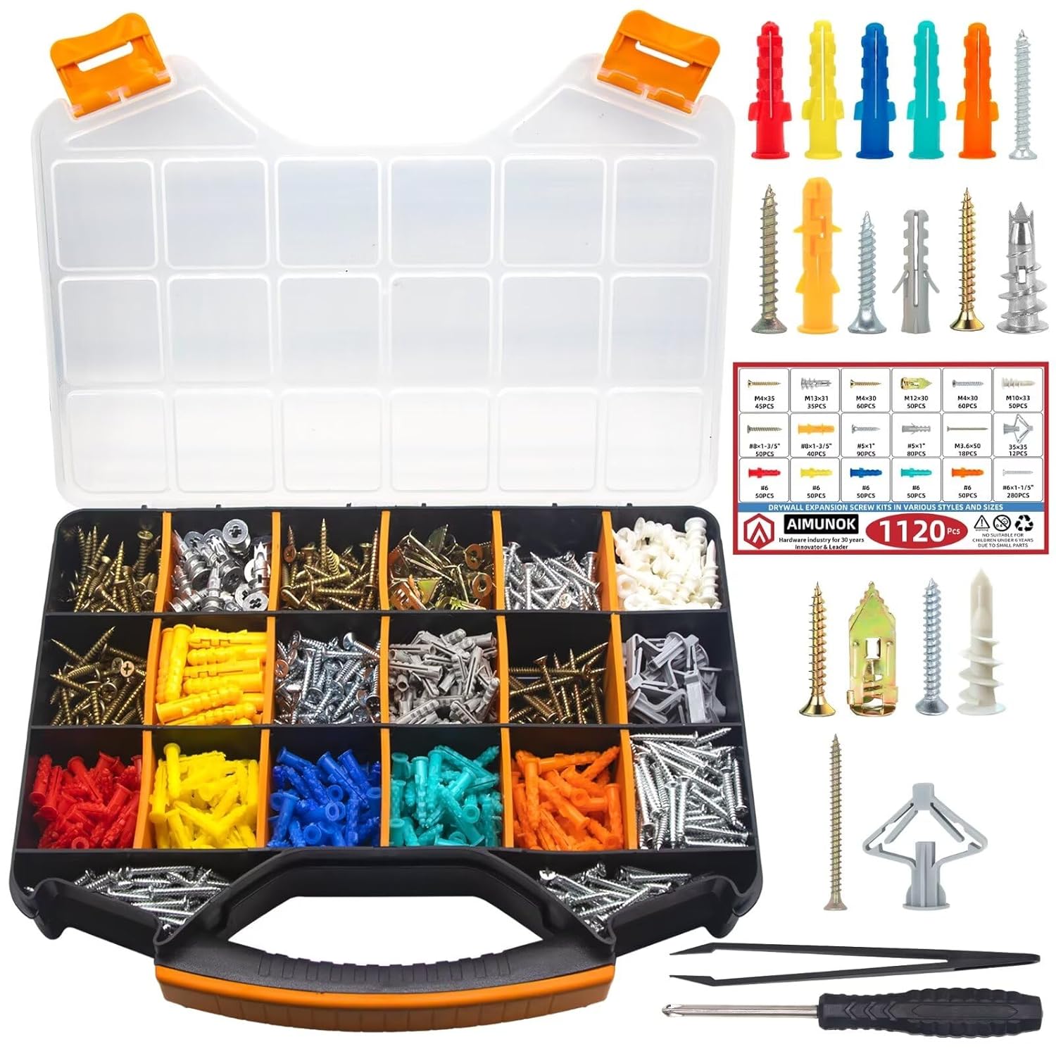 1120-Piece Value Combo Set Plastic Drywall Anchor kit with Screws and Hollow-Wall Anchors mounts, 7 Sizes Total Plus Screw tweezer Tool Set