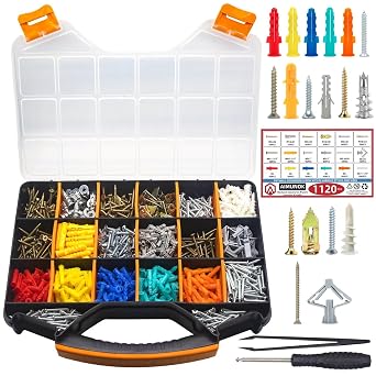 1120-Piece Value Combo Set Plastic Drywall Anchor kit with Screws and Hollow-Wall Anchors mounts, 7 Sizes Total Plus Screw tweezer Tool Set
