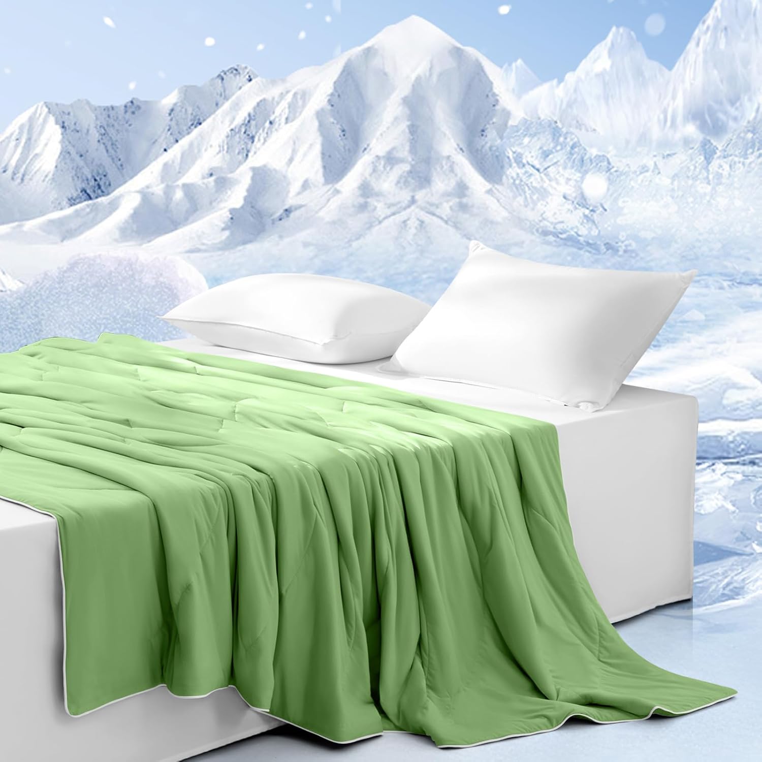 DWR Luxury Cooling Comforter for Hot Sleepers and Night Sweats, Quick Cool Down, Super Breathable Lightweight Blanket with Natural Silk Blend Filling, Q-Max>0.4, Twin Size 90"x90", Green Full / Queen (90"x90") Green