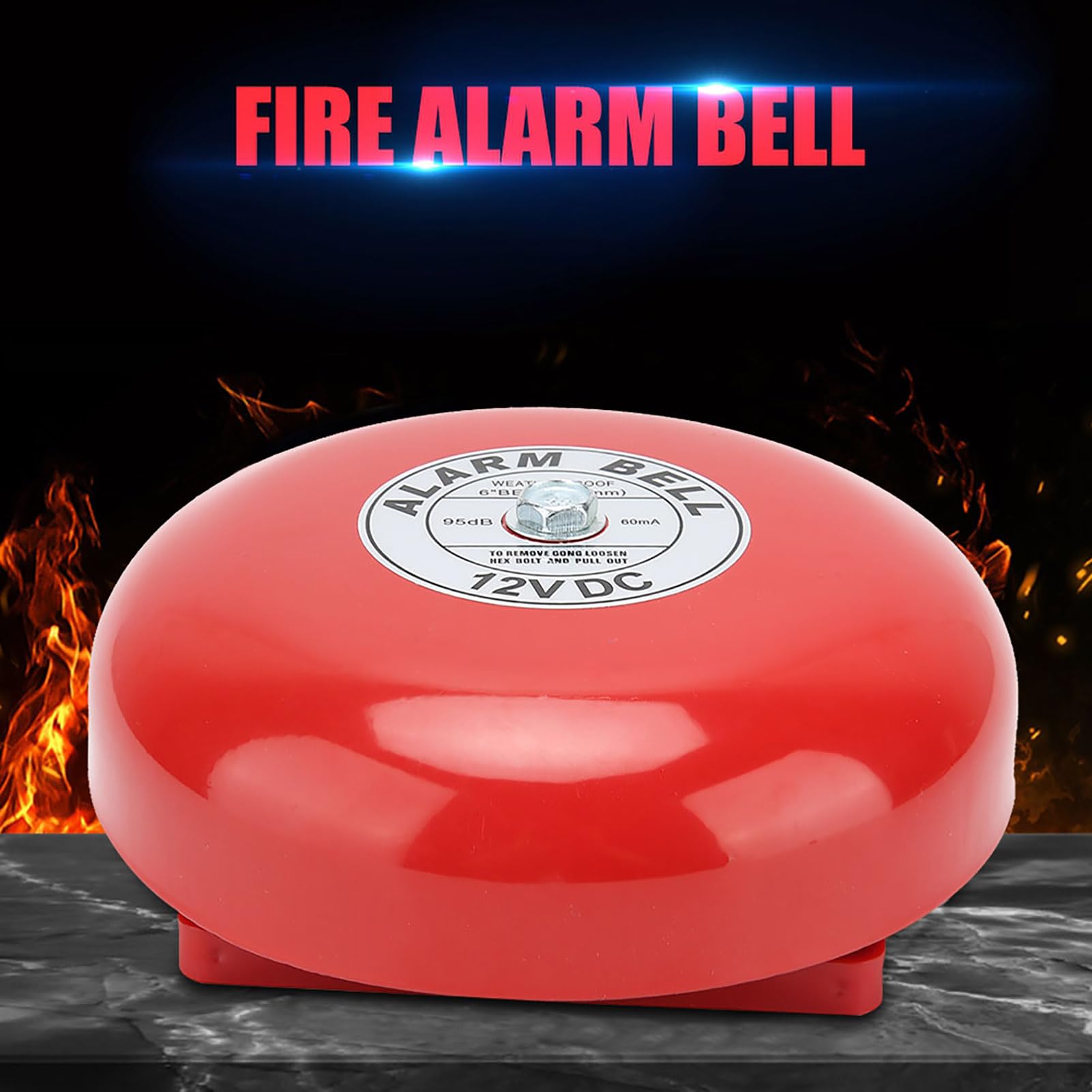 Cloche d'Alarme Incendie Intérieure en Acier Inoxydable 12V 6 Pouces (Technologie de Galvanoplastie, Coque en Carbure) Sonnette d'Alerte Feu Corrosion Résistante