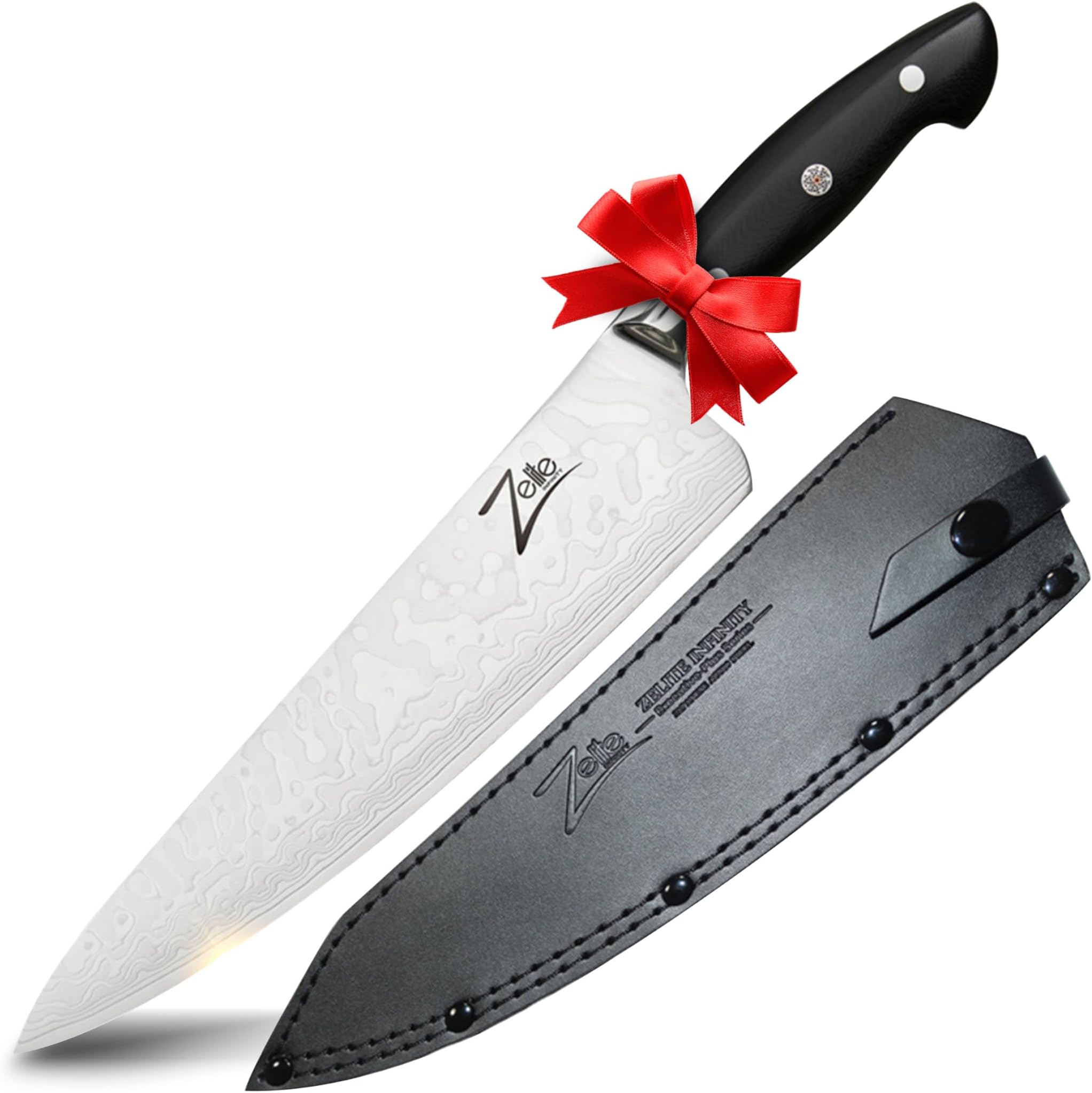 Zelite Damascus 10 Inch Chef Knife - Japanese Executive 10 Inch Chef's Knife for Kitchen with Curved Handle; Professional Kitchen Knife with Japanese AUS-10 Super Steel 45-Layer - Leather Sheath