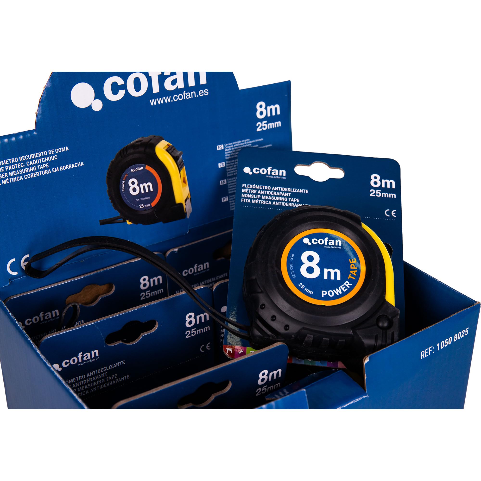 Cofan Espositore per Flexometri con protezione in gomma di Cofan | Include 6 flessometri | Flexometro da 5, 8 o 10 m x 25 o 32 mm (foglio) (6, 8 m x 25 mm)